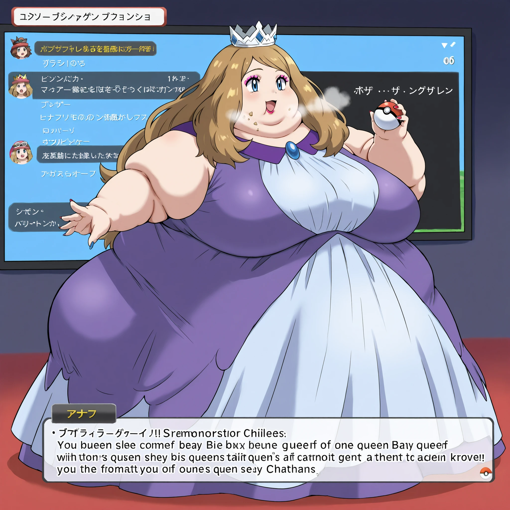 source_anime, pokemonserena, serena, long hair, blue eyes, brown hair, smile, royalty, dress, crown, makeup, lipstick, painted nails, fat, chubby, obese, fat neck, multiple chins, big breasts open mouth, out of breath, Larger female, full body shot, food crumbs, holding a poke ball, pokemon battle, pokemon challenger screen, text, challenge buy queen of macrons Serena