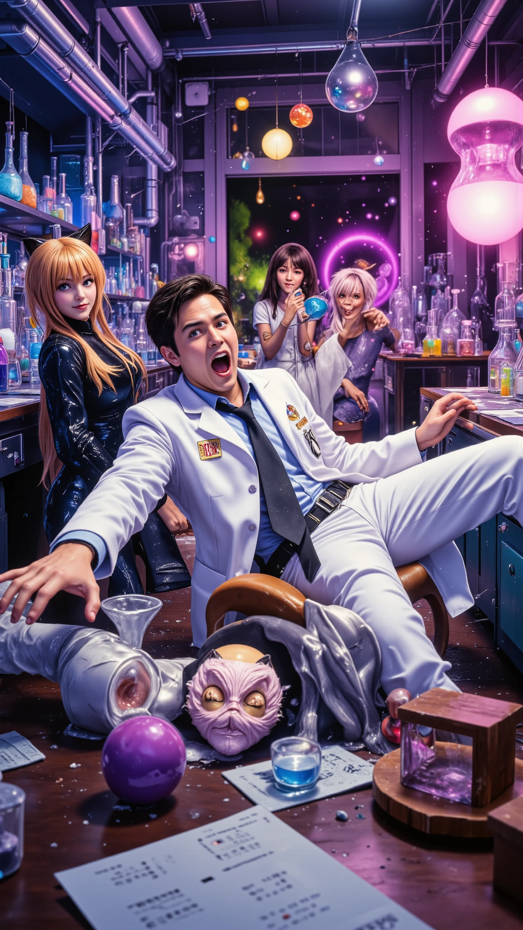 high-definition images、Chemistry Laboratory、A man in a white coat is falling down、and Ultra Seven and a cat girl are laughing on the side、