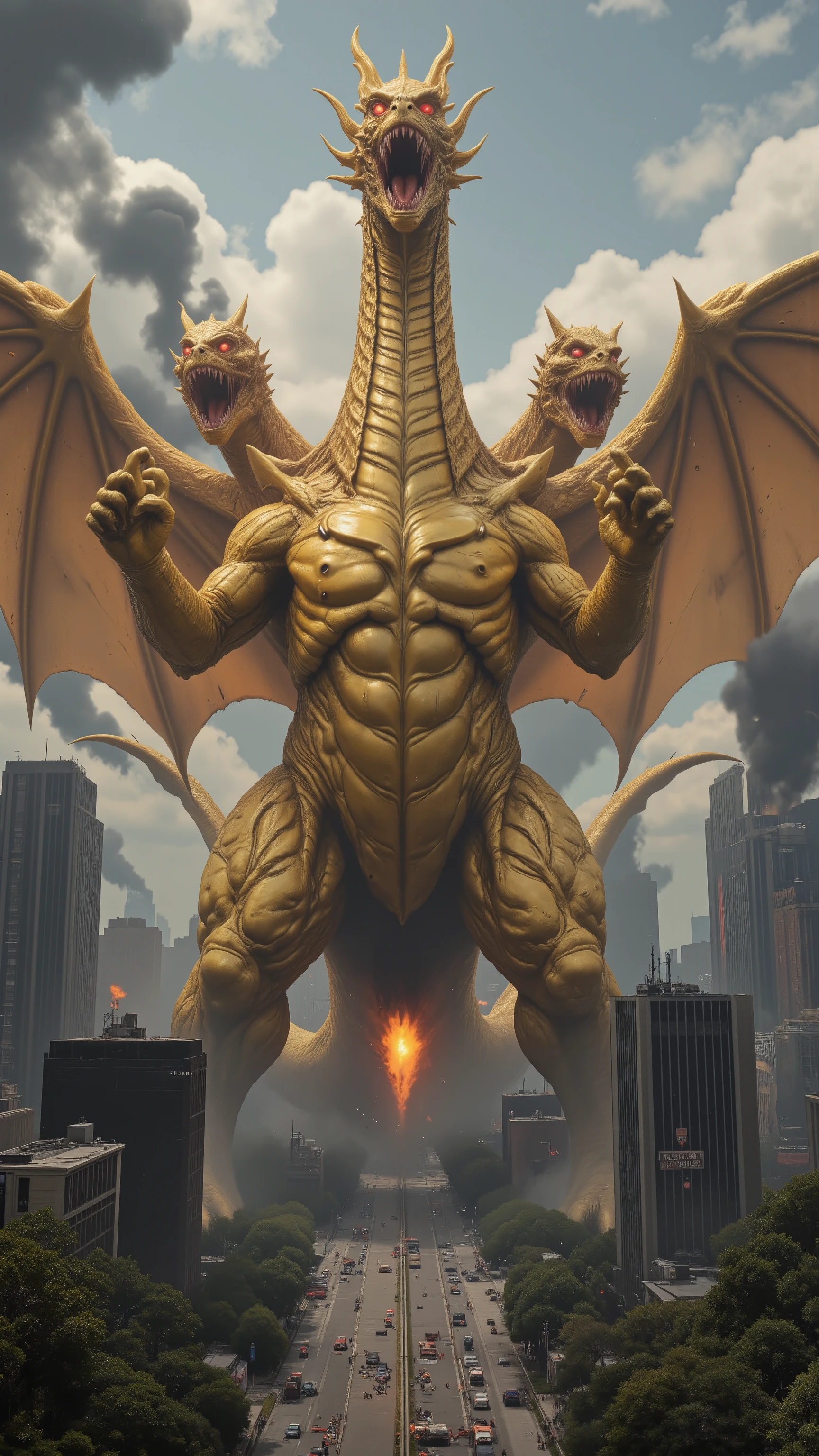 high-definition images、Neck３The golden King Ghidorah is trampling on the building