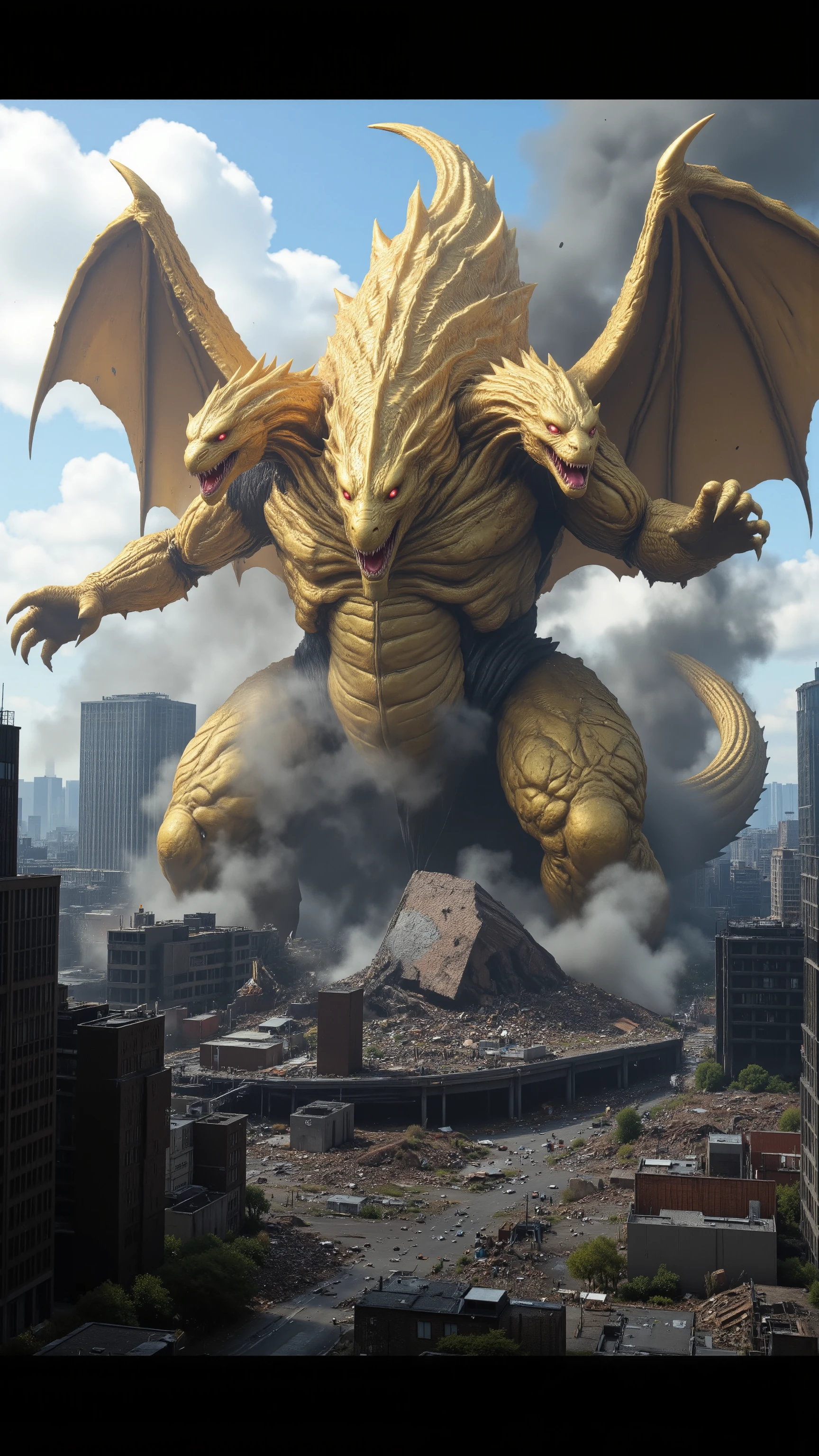 high-definition images、Neck３The golden King Ghidorah is trampling on the building