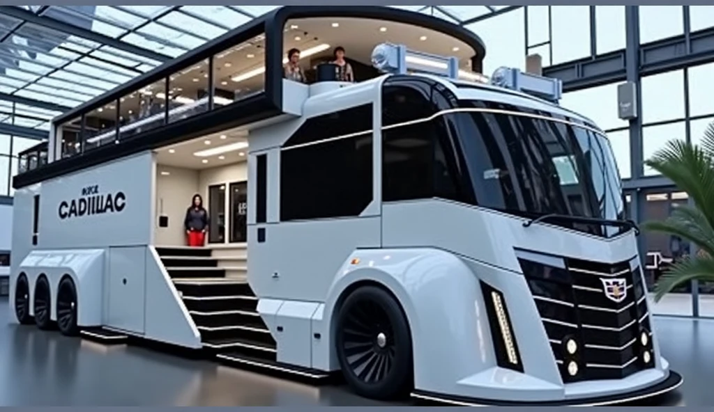  ultra realistic 2026 Cadillac motorhome, luxury motorhome design, front view, Cadillac logo on the front grille, sleek LED headlights, premium chrome detailing, elegant design, simple modern showroom background, studio lighting, high quality, 8k render, reflection on floor, text "Cadillac" on front side
