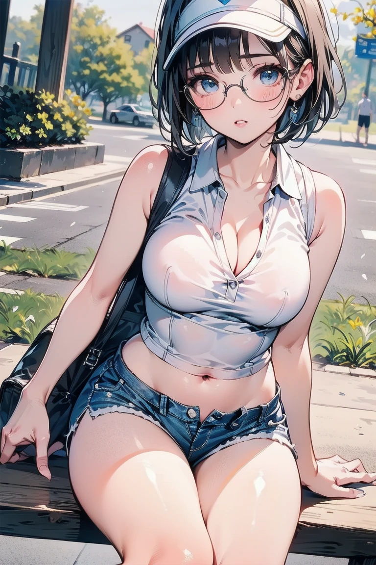 girl in summer clothes, jeans, squatting on the ground, black pantyhose, making as if she wants to kiss you, view from the viewer, short hair, , cleavage, cityscape, flirtatious look, ((very detailed)), (perfectly detailed face), (well detailed hand) photorealistic image.