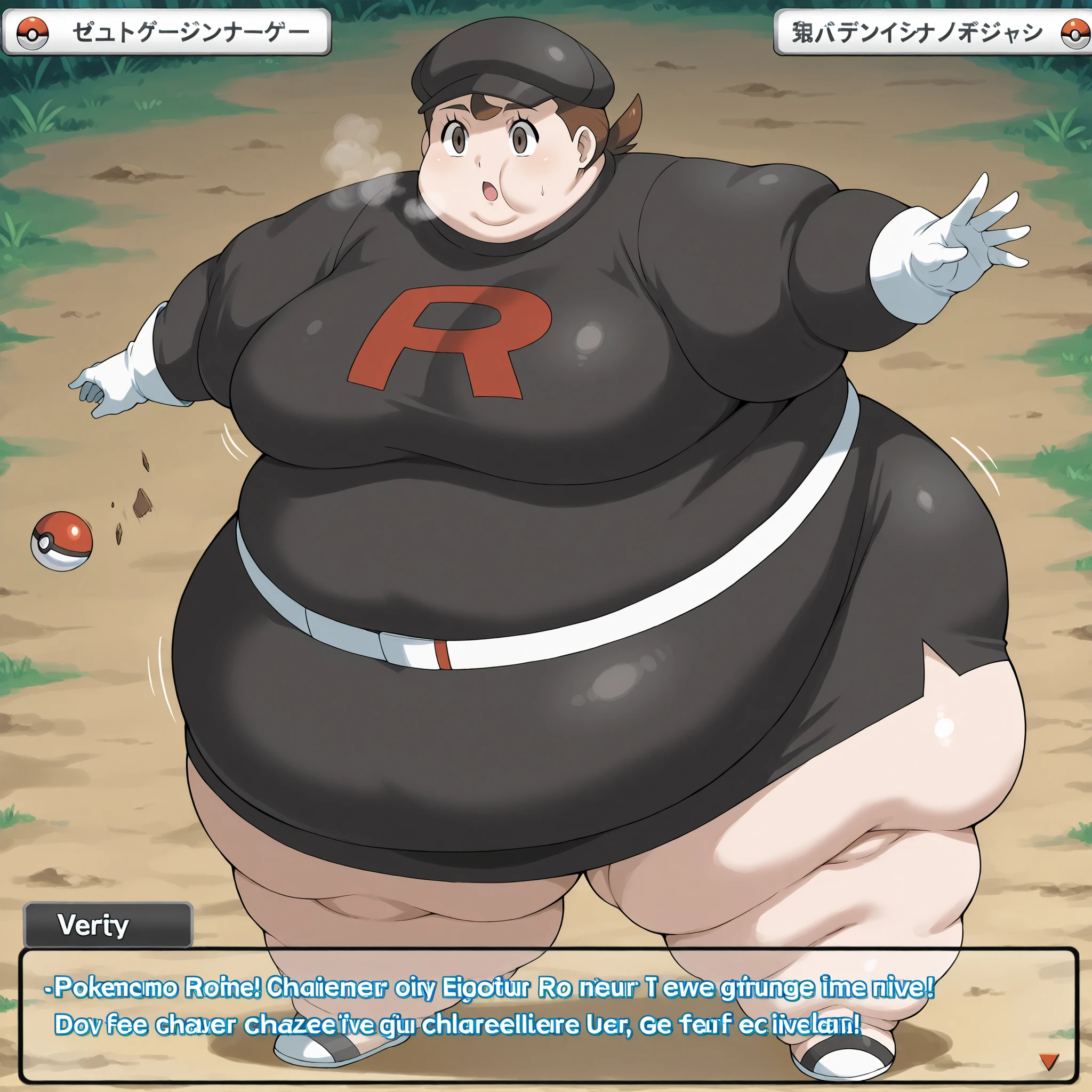 1girl, verity, very short hair, top knot, brown eyes,  team rocket uniform, black hat, black shirt, black skirt, white belt, white gloves, single letter,, fat, chubby, obese, fat neck, multiple chins, big breasts open mouth, out of breath, Larger female, full body shot, throwing a poke ball, pokemon battle,  pokemon challenger screen, text, challenge by team rocket grunt verity, ((empty_eyes)),