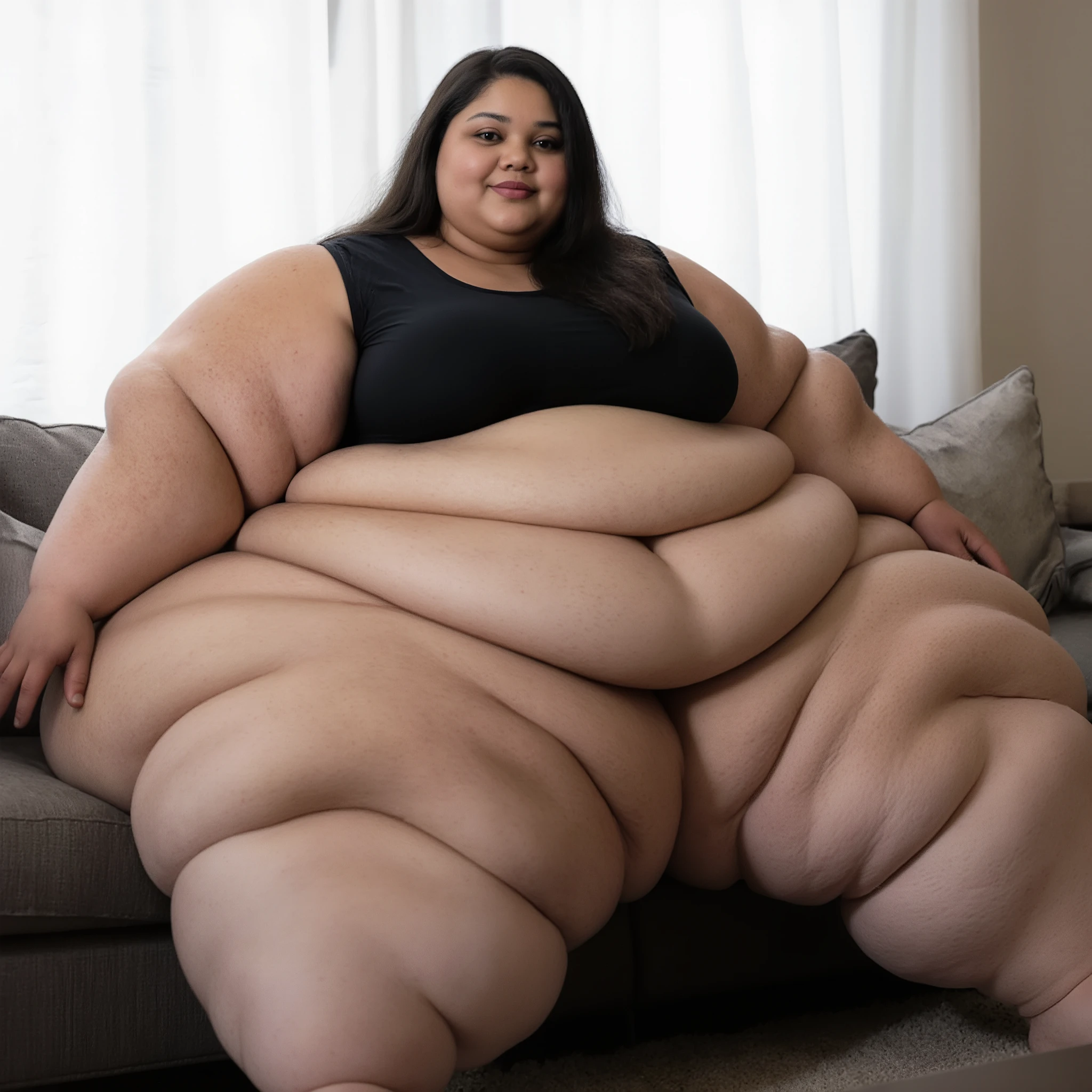 A image depicts a wide angle, full body shot of a beautiful, extremely fat, extremely plus-sized woman, sitting down. She is an extremely morbidly obese, super super sized, SSBBW, USSBBW weighing 800 pounds with massive rolls of fat, a huge sagging belly hanging over her thighs, and enormous hips and thighs. Her ass is huge and fat. She has fat, pillowy arms. She has gigantic natural sagging breasts. Her face is extremely beautiful, fat, and she has huge plump lips. She is a teenager. She is looking at viewer with a seductive smile. She is an african american black woman. She is sitting on a sofa. The image is photorealistic, with 8k resolution, global illumination and shadows. She has beautiful, realistic skin with detailed texture