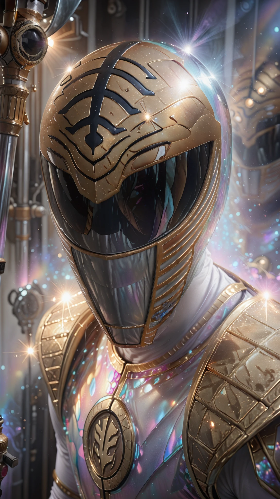 zzWhiteRanger, helmet, 1boy , background is ((holographic iridescent texture, metallic rainbow surface, soft gradient of pink blue purple and turquoise, reflective light, ultra realistic lighting, shimmering reflections, 8k, studio lighting, cinematic look, close-up shot, smooth details, high gloss finish))