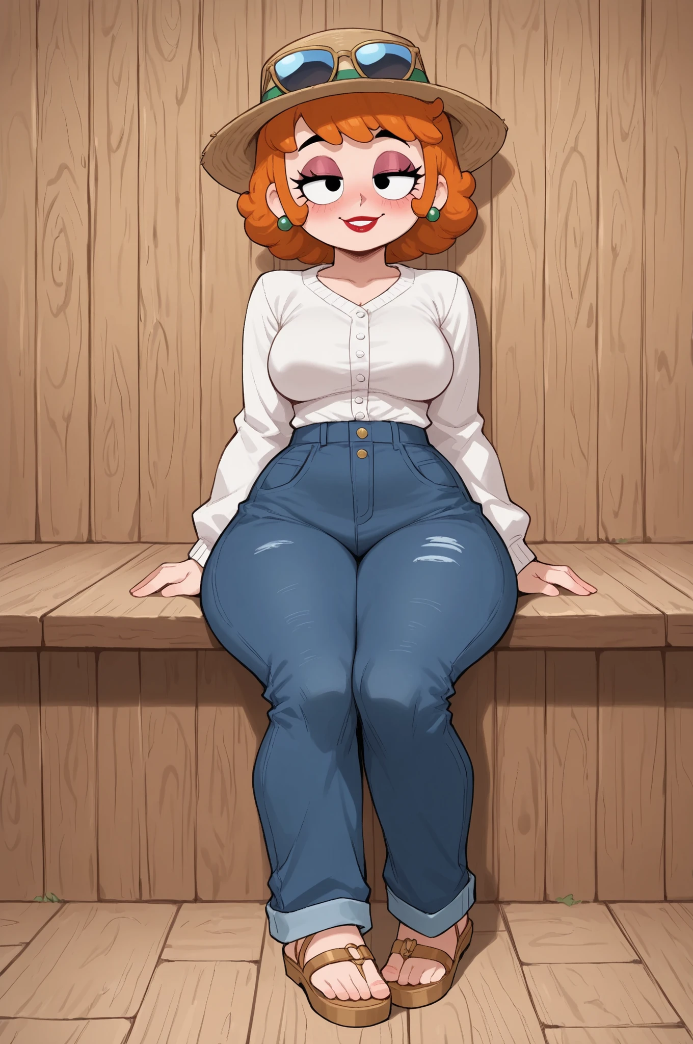 dextersmom, mature female, short hair, slightly curly hair, ginger, black eyes, big eyes, long eyelashes, , rounded , narrow waist, thick thighs, huge , fair skin, thin hands, earrings, makeup, red lips, lipstick.| (halfbody, front facing, facing viewer) 1girl, blush, full face blushing, smile, coastal_grandma, (casual), print clothing, nautical stripe print, nautical etolie, linen, linen dress, caftan, (white button-down shirt), buttons, chunky knit sweater, straight-leg denim jeans, wide-leg pants, terry cloth robe, sunhat, bucket_hat, eyewear on top of head, sandals, coast backgraound background, river, sitting