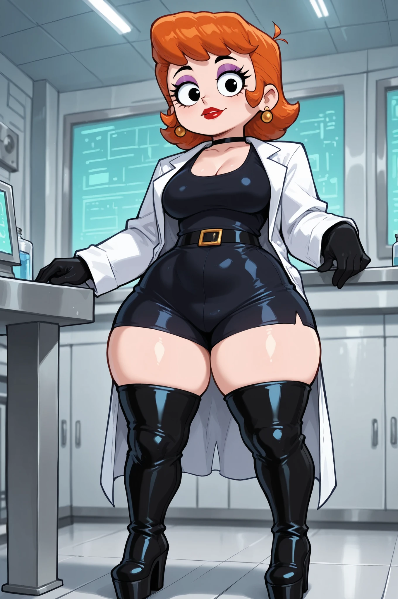 dextersmom, mature female, short hair, slightly curly hair, ginger, black eyes, big eyes, long eyelashes, , rounded , narrow waist, thick thighs, huge , fair skin, thin hands, earrings, makeup, red lips, lipstick.| solo, 1girl, labcoat,, indoors, laboratory, table, science , masterpiece, best quality, good quality, newest,looking at viewer, lab coat, thigh boots, black gloves, platform footwear,