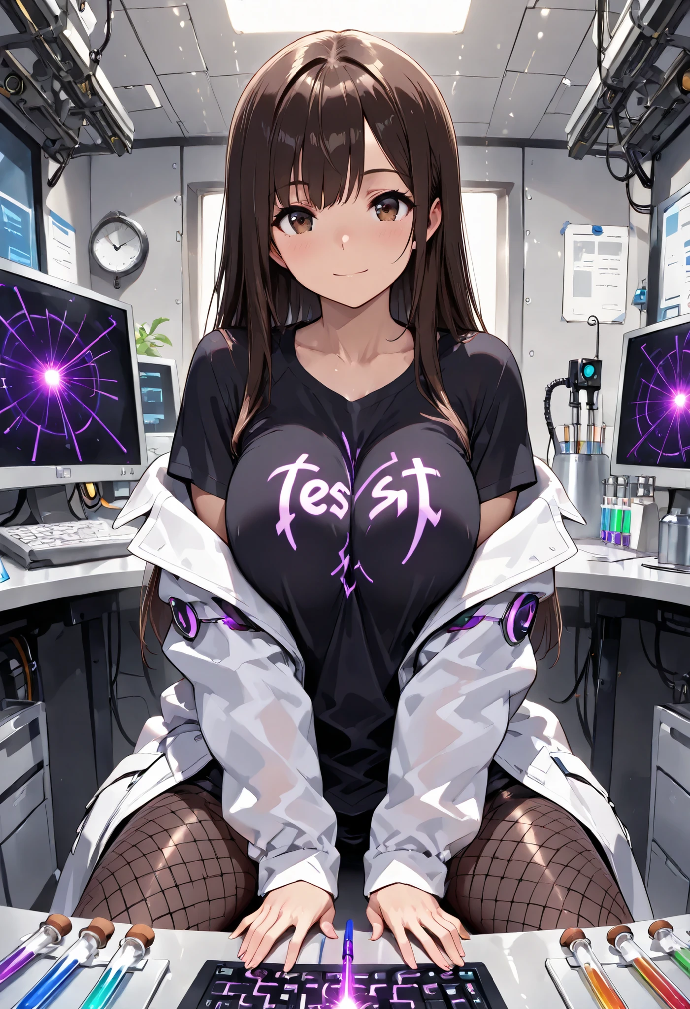 masterpiece, (detailed:1.2), HDR, Dynamic lighting, highres, hi res, best quality, masterpiece, ((Modern laboratory, computers, technical equipment, test tubes)), (solo), shiny skin, (1 girl), Sweats heavily, Dark brown hair with bangs, Brown eyes, long hair, straight hair, light smile, large breast, Moans excitedly, gasps excitedly, orgasms, body twitches with pleasure, Kneads her breasts excitedly, ((White coat, black fishnet tights, Black loose T-shirt)), looks at the viewer horny, ((A futuristic laser device is aimed at Girl, The purple laser hits Girl like a laser pointer)),