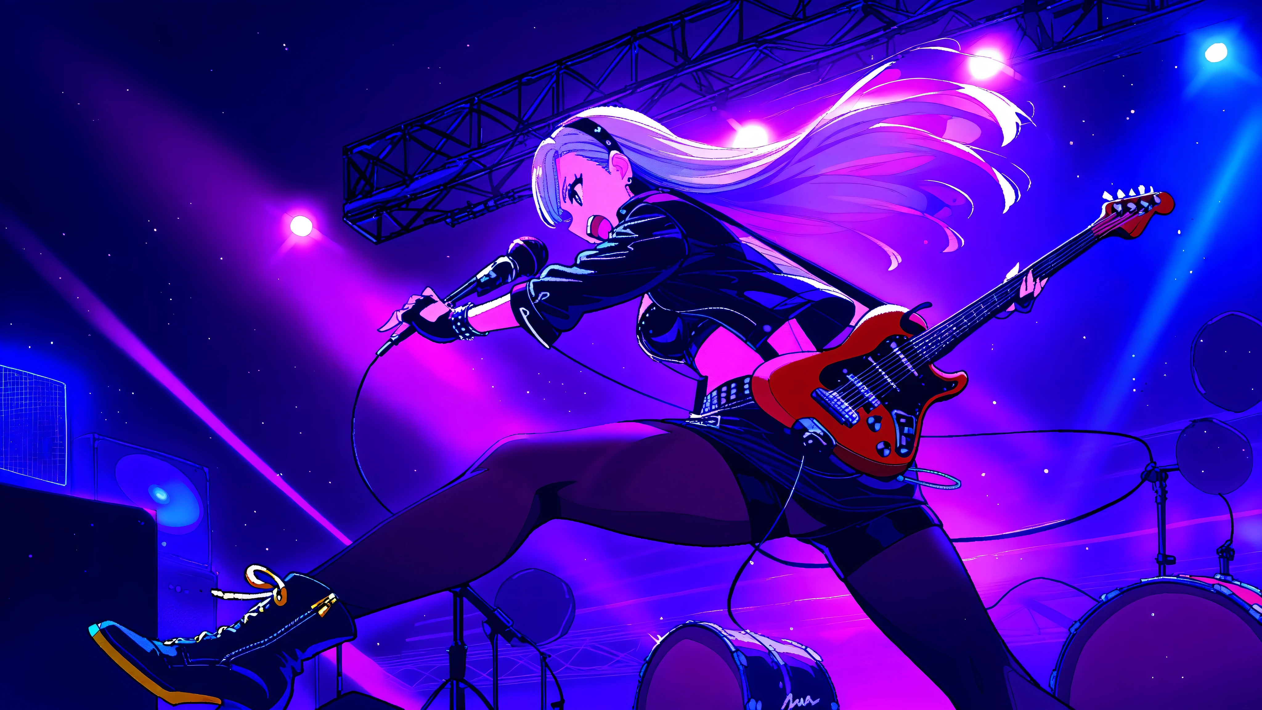 ((masterpiece:1.2)), ((best quality:1.2)), ((very aesthetic:1.4)), illustration, (anime coloring:1.2), ((intricate details:1.4)), ((detailed background:1.2)), concert stage, colorful spotlights, neon lights, dynamic atmosphere, intense rock performance, (((energetic all-female rock band)))), dramatic lighting, glowing stage effects, sound waves in the air, (((powerful stage presence))).
The lead singer—an electrifying frontwoman with long, wild flowing hair—commands the stage, gripping the microphone with intensity, her stylish rock outfit adorned with chains and studs. A sleek leather jacket, ripped tights, and high boots complete her edgy look. She leans into the music, her voice echoing through the venue.
Beside her, the lead guitarist shreds on a sleek, custom electric guitar, fingers gliding effortlessly over the frets. Her stance is fierce, her long hair whipping with the motion. A bass guitarist grooves to the rhythm, swaying in sync with the pounding drums, her expression fully immersed in the music.
The drummer, positioned at the back, is a powerhouse of energy, her movements a blur as she strikes each beat with raw passion. The entire band is in perfect harmony, radiating an untamed energy that ignites the audience.
The concert is alive with flashing lights, pulsating neon hues reflecting off their instruments and outfits. The stage design features massive LED screens flashing psychedelic visuals, smoke effects, and glowing amplifiers, reinforcing the high-octane atmosphere. The audience is a sea of waving hands, immersed in the electrifying moment.
A cinematic shot captures the entire band mid-performance—hair flowing, guitars wailing, music roaring—locked in a moment of pure rockstar magic.
Ultra-detailed textures, HD quality, raw and emotional rock concert vibes, precise character design, vibrant color grading, natural look.