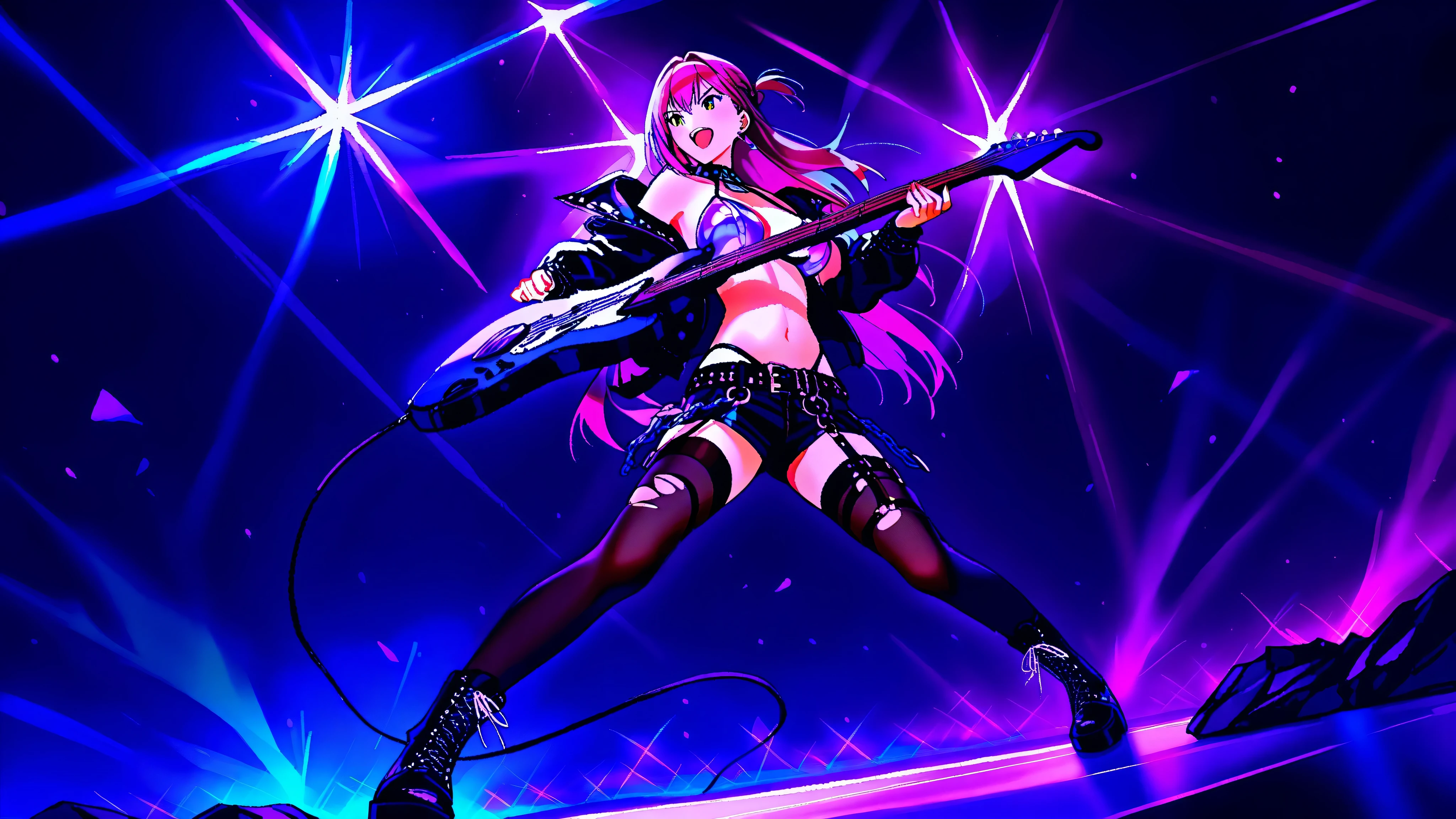 ((masterpiece:1.2)), ((best quality:1.2)), ((very aesthetic:1.4)), illustration, (anime coloring:1.2), ((intricate details:1.4)), ((detailed background:1.2)), concert stage, colorful spotlights, neon lights, dynamic atmosphere, intense rock performance, (((energetic all-female rock band)))), dramatic lighting, glowing stage effects, sound waves in the air, (((powerful stage presence))).
The lead singer—an electrifying frontwoman with long, wild flowing hair—commands the stage, gripping the microphone with intensity, her stylish rock outfit adorned with chains and studs. A sleek leather jacket, ripped tights, and high boots complete her edgy look. She leans into the music, her voice echoing through the venue.
Beside her, the lead guitarist shreds on a sleek, custom electric guitar, fingers gliding effortlessly over the frets. Her stance is fierce, her long hair whipping with the motion. A bass guitarist grooves to the rhythm, swaying in sync with the pounding drums, her expression fully immersed in the music.
The drummer, positioned at the back, is a powerhouse of energy, her movements a blur as she strikes each beat with raw passion. The entire band is in perfect harmony, radiating an untamed energy that ignites the audience.
The concert is alive with flashing lights, pulsating neon hues reflecting off their instruments and outfits. The stage design features massive LED screens flashing psychedelic visuals, smoke effects, and glowing amplifiers, reinforcing the high-octane atmosphere. The audience is a sea of waving hands, immersed in the electrifying moment.
A cinematic shot captures the entire band mid-performance—hair flowing, guitars wailing, music roaring—locked in a moment of pure rockstar magic.
Ultra-detailed textures, HD quality, raw and emotional rock concert vibes, precise character design, vibrant color grading, natural look.