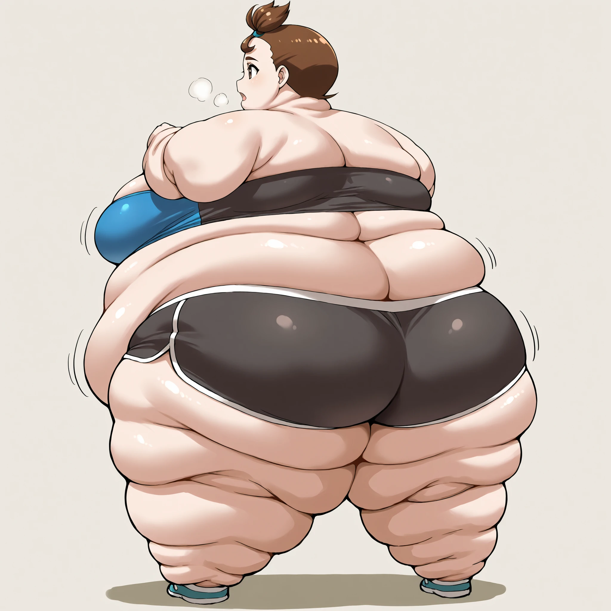 1girl, verity, very short hair, top knot, brown eyes,  tube top, dolphin shorts, fat, chubby, obese, fat neck, multiple chins, big breasts open mouth, out of breath, Larger female, full body shot, back view 