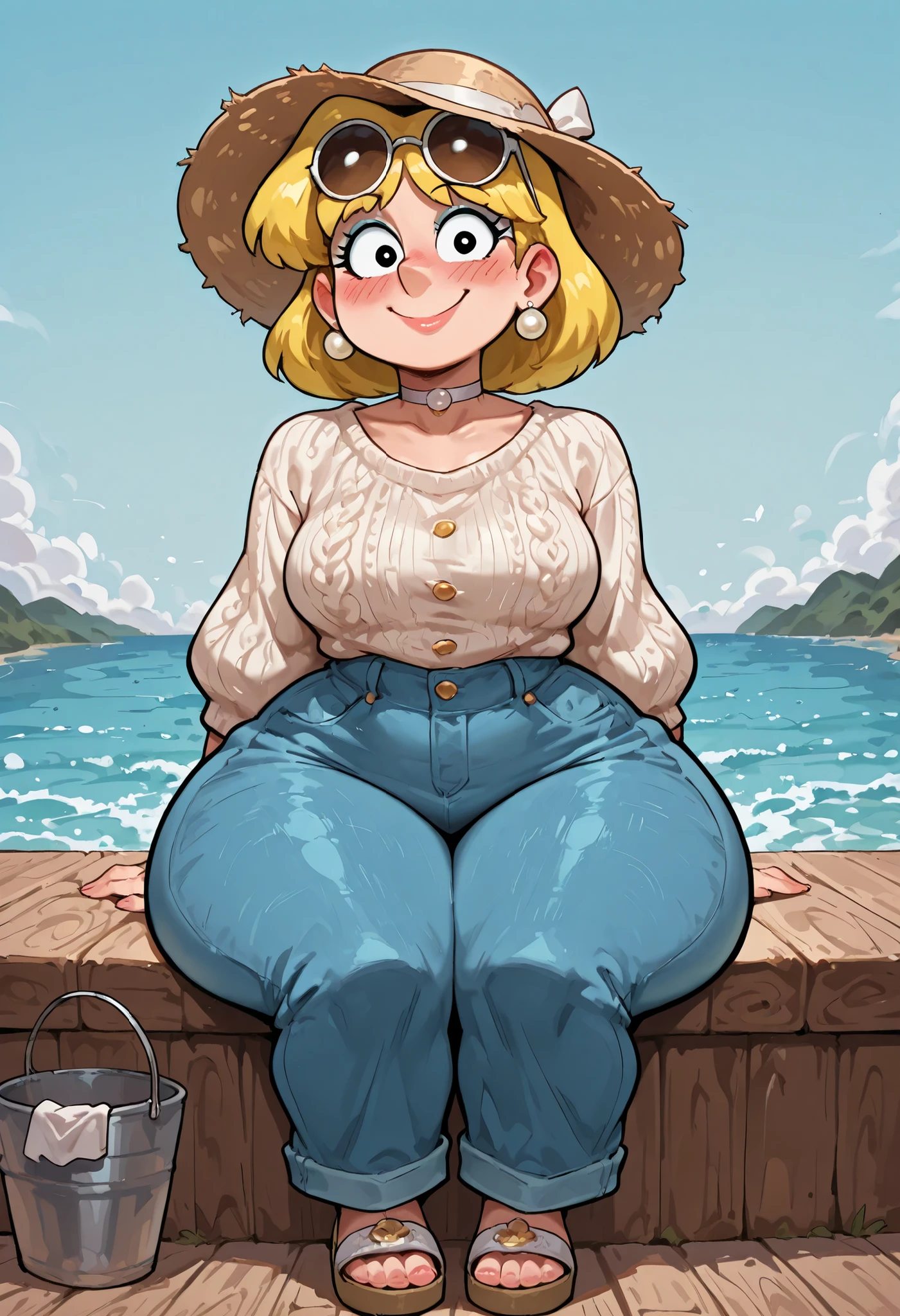 Lori Loud. medium breasts, huge hips, blonde hair, black eyes, blue eyeshadow, pearl earrings, white earrings. choker.| (halfbody, front facing, facing viewer) 1girl, blush, full face blushing, smile, coastal_grandma, (casual), print clothing, nautical stripe print, nautical etolie, linen, linen dress, caftan, (white button-down shirt), buttons, chunky knit sweater, straight-leg denim jeans, wide-leg pants, terry cloth robe, sunhat, bucket_hat, eyewear on top of head, sandals, coast backgraound background, river, sitting