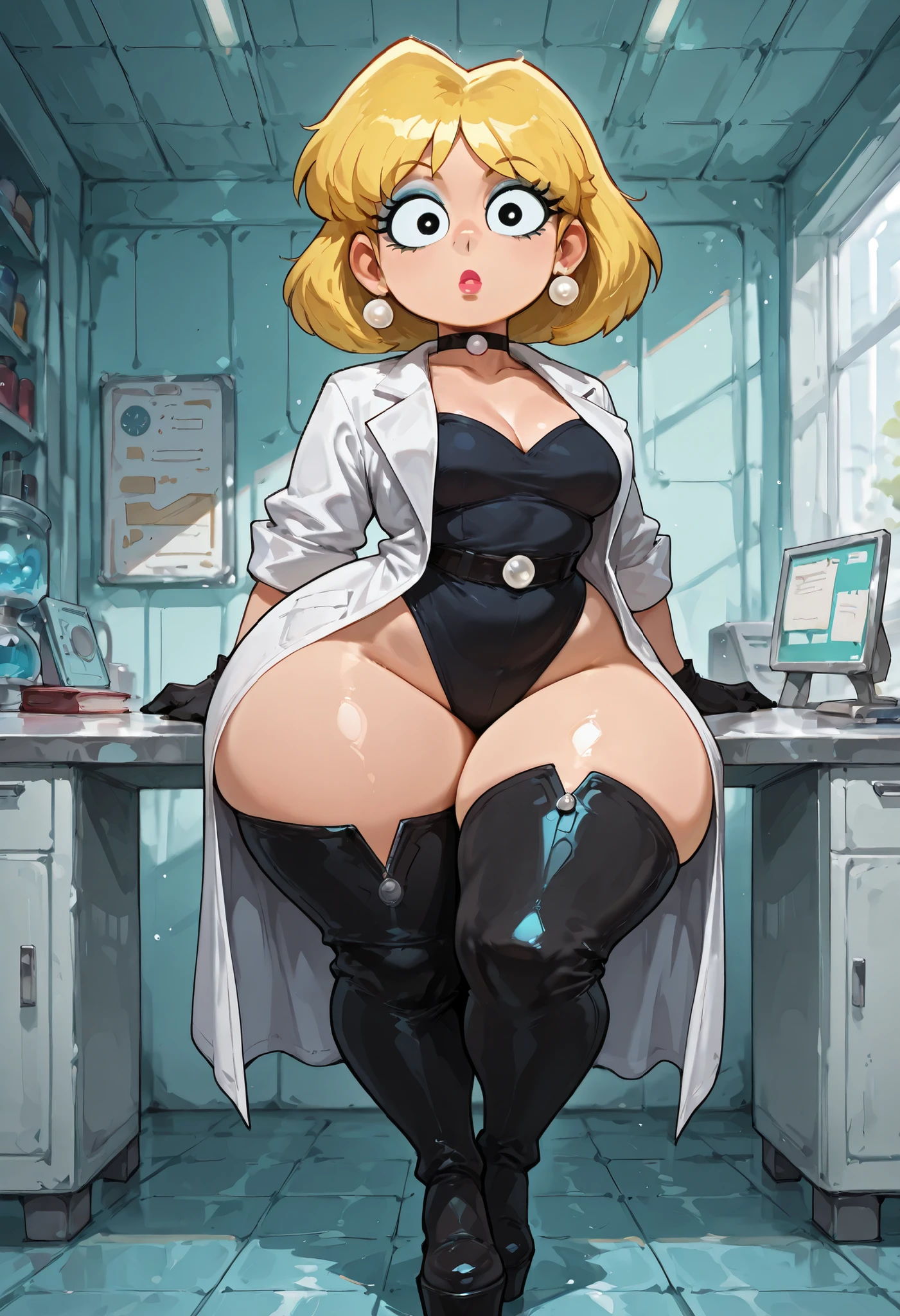 Lori Loud. medium breasts, huge hips, blonde hair, black eyes, blue eyeshadow, pearl earrings, white earrings. choker.| solo, 1girl, labcoat,, indoors, laboratory, table, science , masterpiece, best quality, good quality, newest,looking at viewer, lab coat, thigh boots, black gloves, platform footwear,