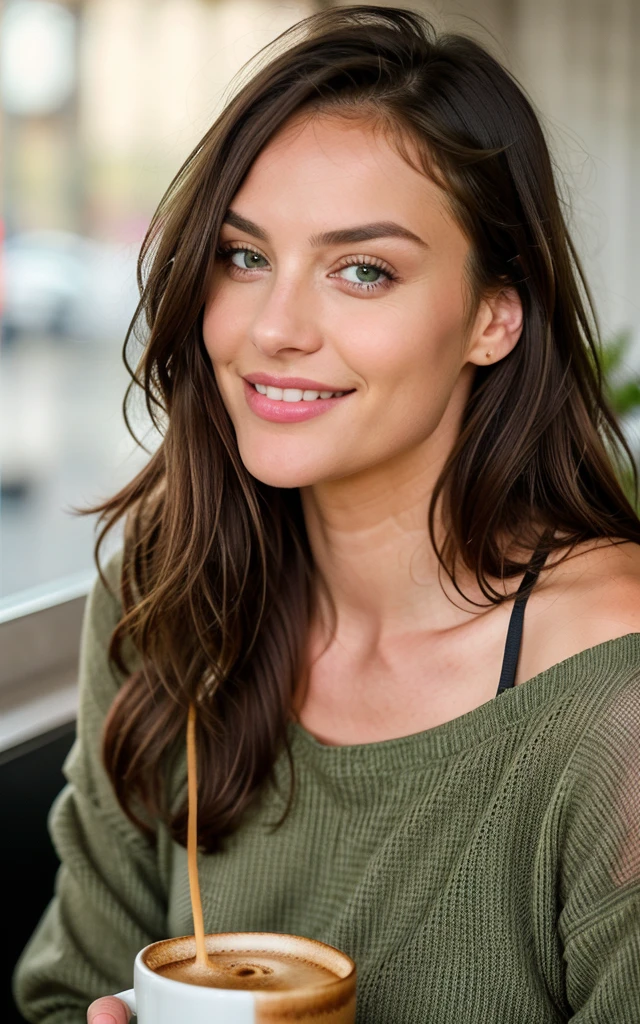 beautiful 18-year-old Norwegian woman with black hair and blue eyes, pale skin, wearing red summer dress (inside a modern café at sunset), very detailed, 21 years old, innocent face, natural wavy hair, blue eyes, high resolution, masterpiece, best quality, intricate details, highly detailed, sharp focus, detailed skin, realistic skin texture, texture, detailed eyes, professional, 4k, charming smile, shot on Canon, 85mm, shallow depth of field, kodak vision color, perfect fit body, extremely detailed, foto_\(ultra\), photorealistic, realistic, post-processing, maximum detail, roughness, real life, ultra realistic, photorealism, photography, 8k uhd, photography