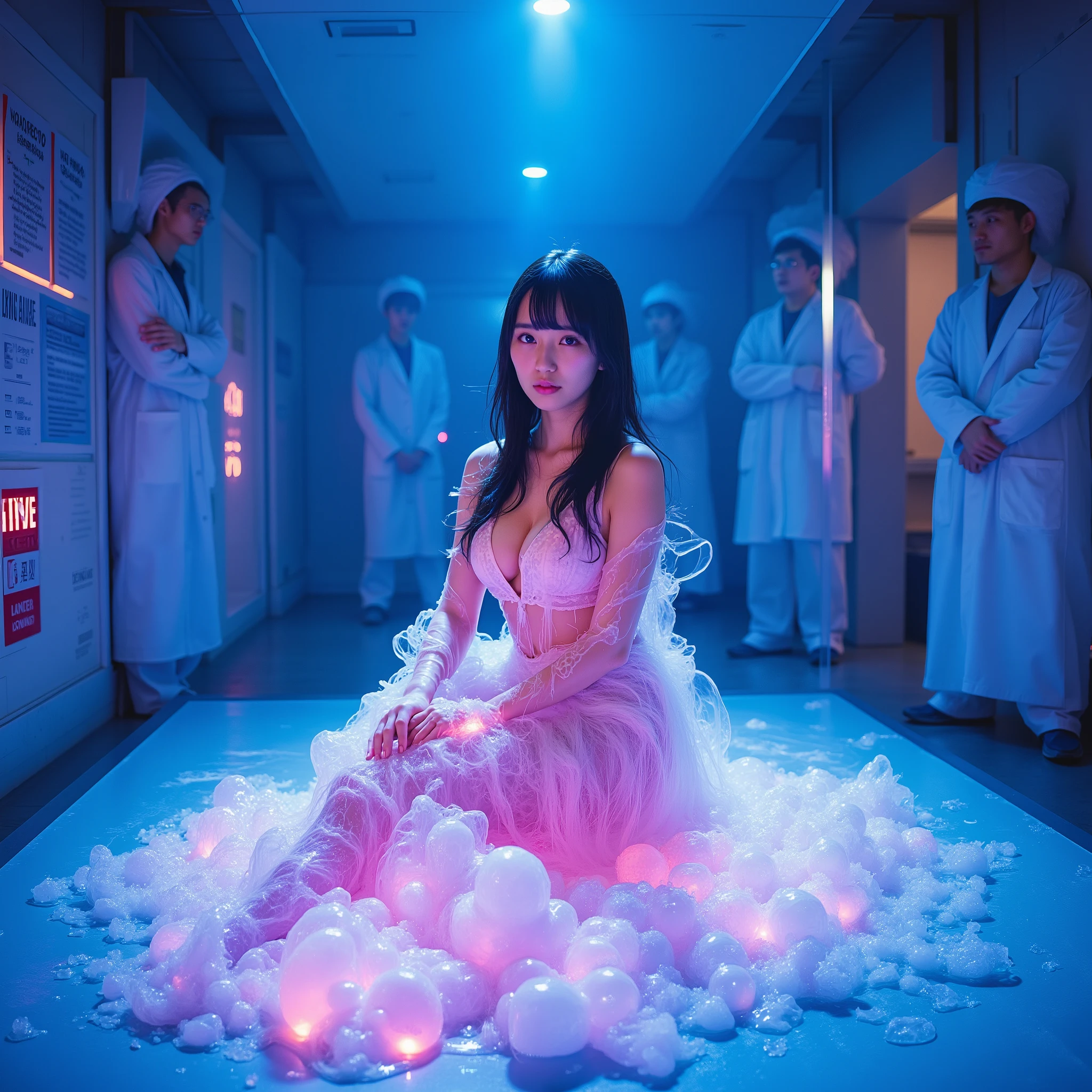 Underground Secret Laboratory Isolation Room、top Japanese idol sitting on a transparent acrylic laboratory bed、How translucent pink and purple slime crawls around the body、expressions mixed with surprise and confusion、Hair and Limbs Entangled in Slime、Experimental data and warning signs lined up on the background wall、Feeling of urgency with red and blue warning lights flashing、Laboratory instruments and research notes scattered all around、Traces of Slime Spreading on the Floor、Scientists in white coats observing through glass、The cold lighting in the laboratory and the mysterious light emitted by slime、Atmosphere of Forbidden Biological Experiments、Setting Beyond the Boundaries between Reality and Science Fiction、8K High Resolution