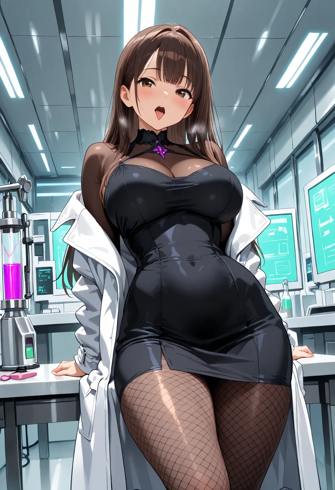 masterpiece, (detailed:1.2), HDR, Dynamic lighting, highres, hi res, best quality, masterpiece, ((Modern laboratory, 1 Futuristic laser machine stands in the room)), (solo), shiny skin, (1 girl), Sweats heavily, Dark brown hair with bangs, Brown eyes, long hair, straight hair, Orgasm face, Face flushed, tongue sticking out in lust, Tremble with desire, large breast, Moans excitedly, gasps excitedly, orgasms, body twitches with pleasure, Kneads her breasts excitedly, ((White coat, black fishnet tights, Black dress)), looks at the viewer horny, ((futuristic laser aimed at girls, 1 purple laser hits Girl like a laser pointer)), (Stands exhausted leaning back on a laboratory table)