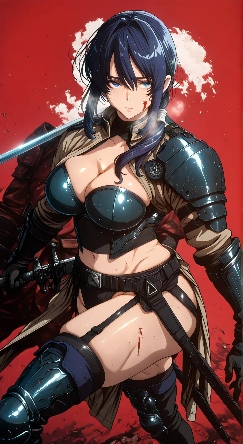L_Cation2, Babu-style, Hgk, (yoshio_(55level)-style:1.4), (mostlybluewyatt-style:1.3), (gin_moku-style:1.2), (imizu_(nitro_unknown)-style:1.3), (anime coloring, anime screencap), shiny skin, (voluptuous body:1.4), (mature female:1.4), (cellulite:1.3), ((vignetting)), ((anatomical correct)), ((Cinematic, high quality, newest, UHD, masterpiece)), perfect body, perfect eyes, perfect fingers, gasping, heavy breathing, gasping profusely, ((skindentation)), ((curvy)), hair over shoulder, low ponytail, blue hair, blue eyes, bright pupils, plump, 1girl, breasts, solo, blood, armor, blood_on_face, thighhighs, weapon, cleavage, red_background, shoulder_armor, sword, looking_at_viewer, holding_weapon, holding, pauldrons, midriff