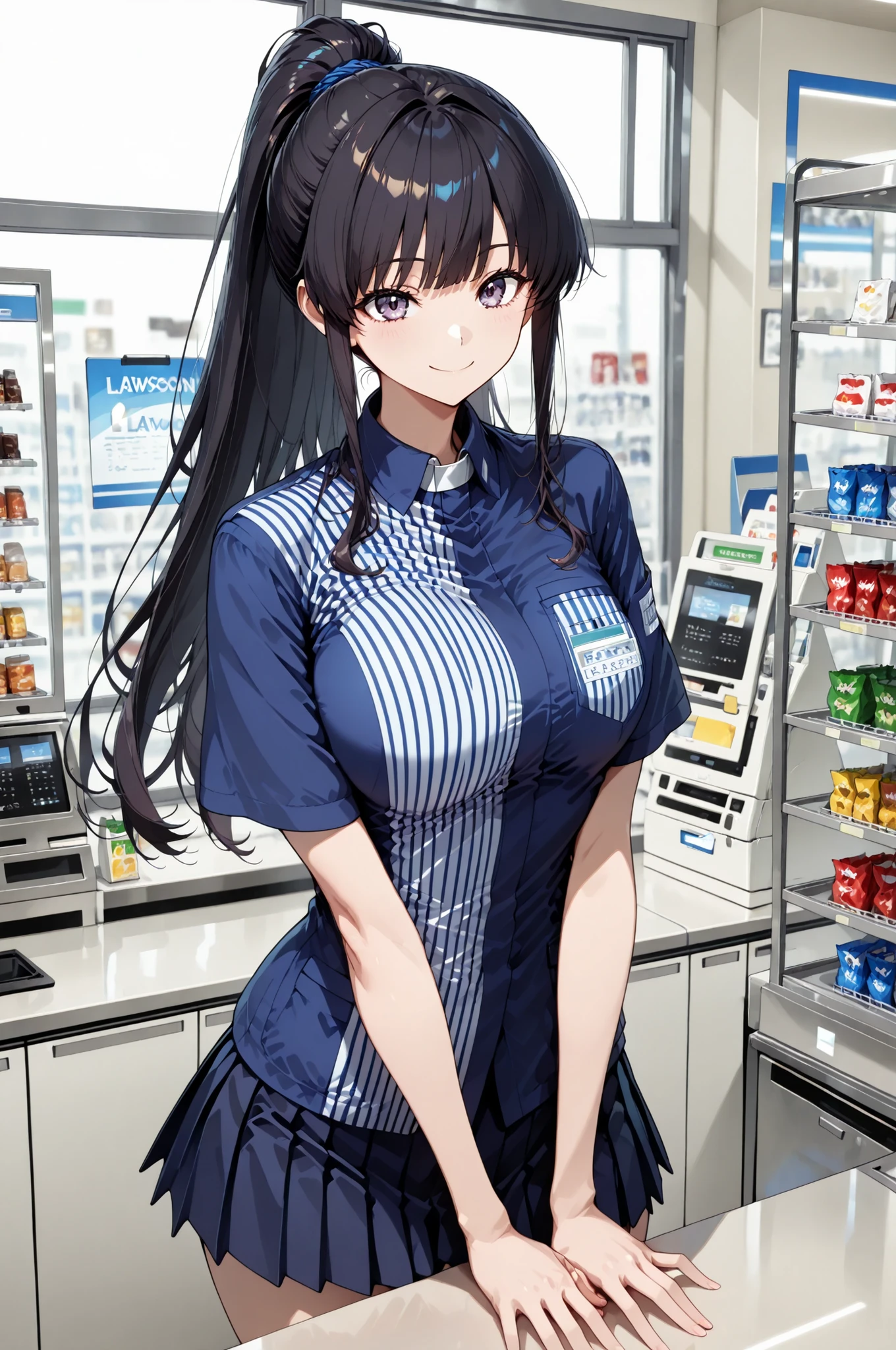 1 Girl, Lawson's uniform, mini skirt, Long hair tied at the back, dark haired, Convenience Store:1.2, over the counter:1.4, registers, solo, ((Smile Yan)), 4 fingers:1.2, Hands in front of the body, In front of the display shelf, Pay attention to light and shadow in every detail, blurred background, (Highest Quality:1.2, 4K, 8k, Very Detailed, attention to detail, masterpiece:1.2, Ultimate aesthetics),