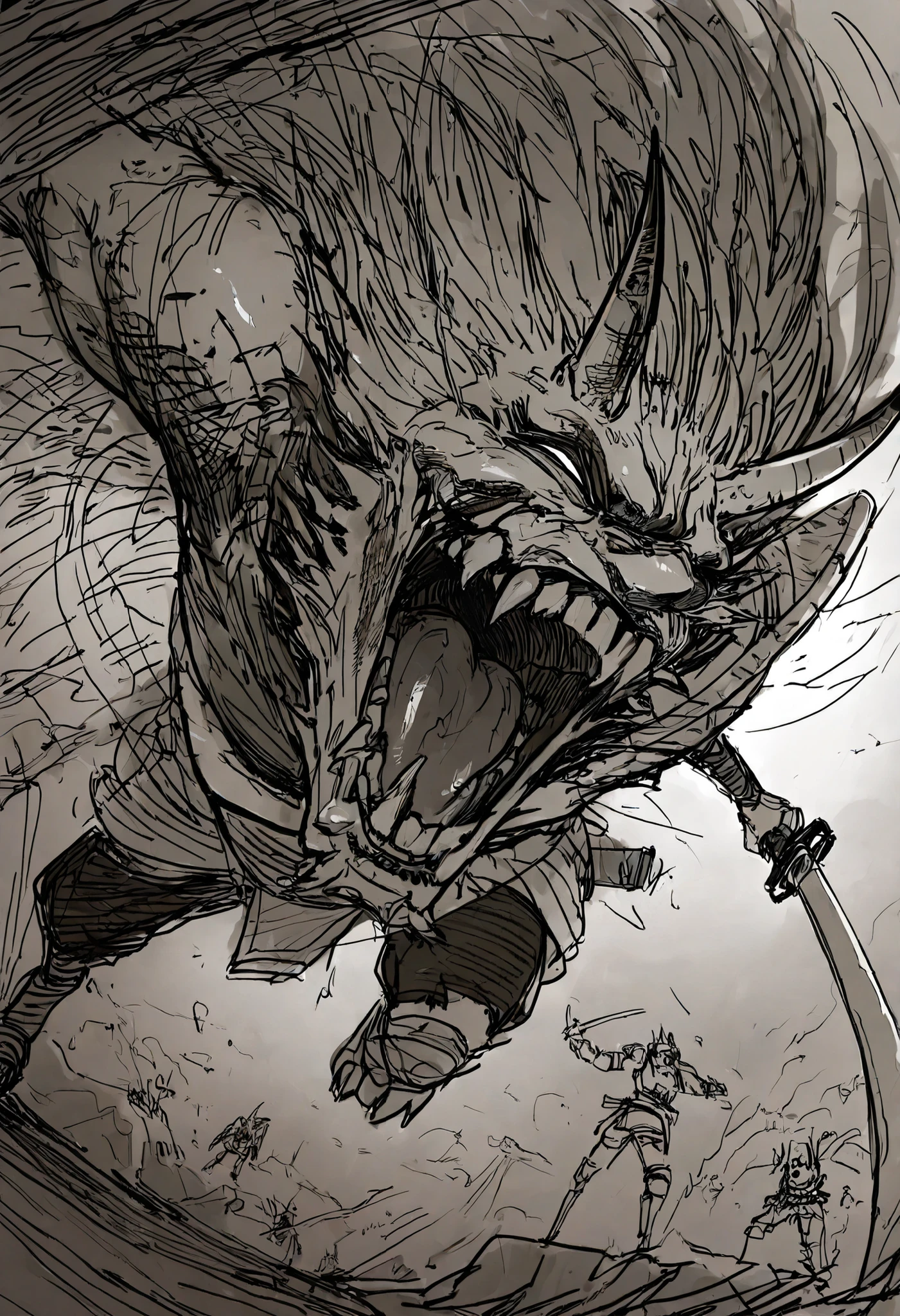 Game monster, sketch, concept art, Twisted human face with a wide mouth and oni teeth, Oni, kimono and feudal battle armor, Katana , long thin body, on plain white canvas, rough, thin lines, 2d, concepts art, Masterpiece, incredible quality, perspective, dynamic pose, dynamic Dutch angle,Alone , grew old, brutal, cunning