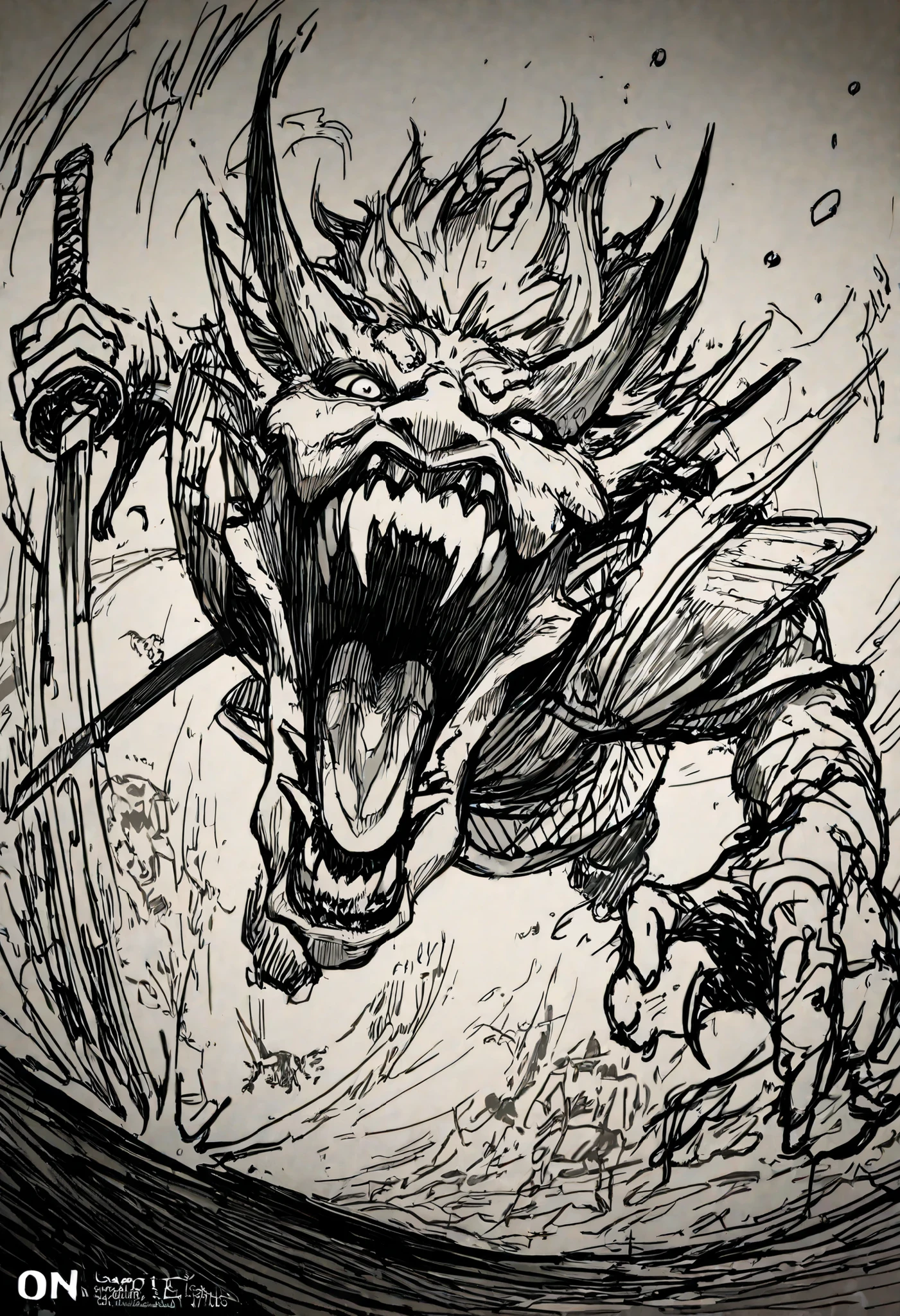 Game monster, sketch, concept art, Twisted human face with a wide mouth and oni teeth, Oni, kimono and feudal battle armor, Katana , long thin body, on plain white canvas, rough, thin lines, 2d, concepts art, Masterpiece, incredible quality, perspective, dynamic pose, dynamic Dutch angle,Alone , grew old, brutal, cunning