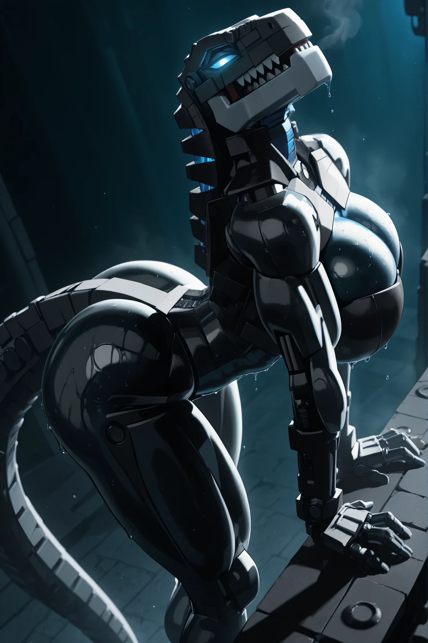 l3g0, masterpiece, best quality, amazing quality, very aesthetic, high resolution, highly detailed, high quality, krekkov style, score_9, score_8_up, score_7_up , solo, muscular, roodaka, bionicle, anthro, dinosaur, lidded eyes, annoyed, glowing eyes, seductive pose, abs , breasts exposure, narrow waist, shiny body, metallic body, oiled body, jewelry, clothed, standing, massive breasts, massive thighs, massive ass, sweaty, dripping, tail, bent over, arched back, cinematic angle, cinematic lighting, from above