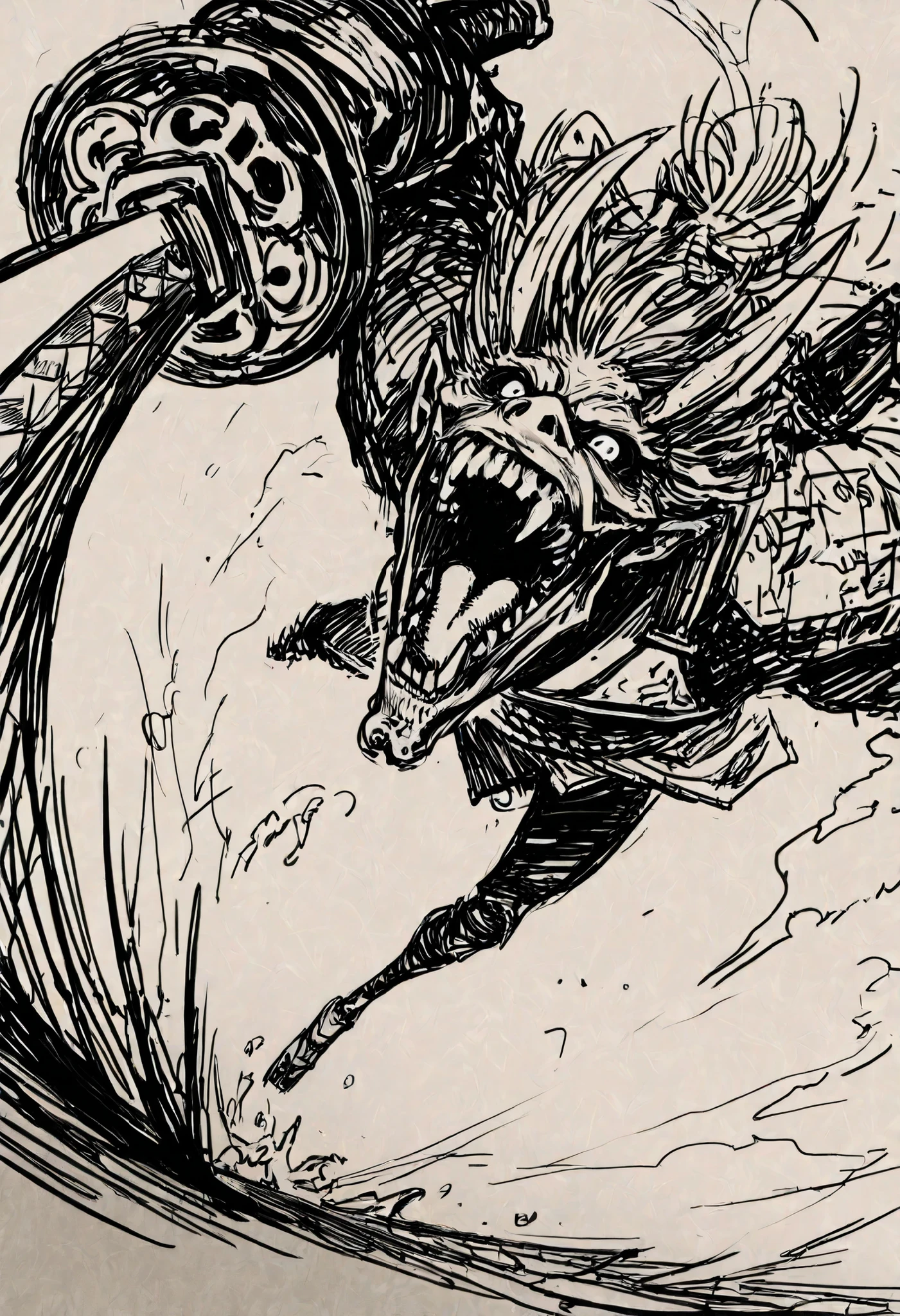 Game monster, sketch, concept art, Twisted human face with a wide mouth and oni teeth, Oni, kimono and feudal battle armor, Katana , long thin body, on plain white canvas, rough, thin lines, 2d, concepts art, Masterpiece, incredible quality, perspective, dynamic pose, dynamic Dutch angle,Alone , grew old, brutal, cunning