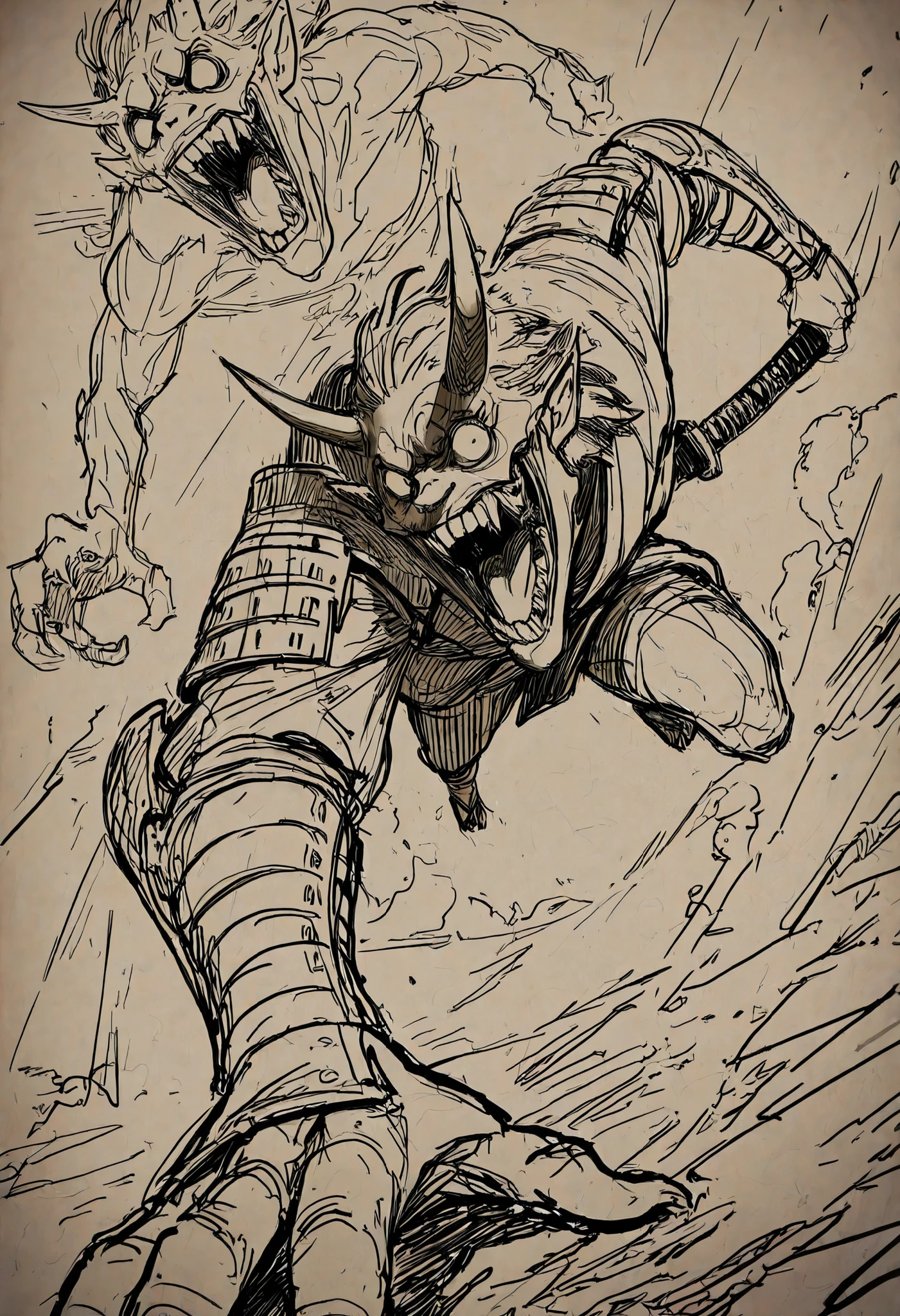 Game monster, sketch, concept art, Twisted human face with a wide mouth and oni teeth, Oni, kimono and feudal battle armor, Katana , long thin body, on plain white canvas, rough, thin lines, 2d, concepts art, Masterpiece, incredible quality, perspective, dynamic pose, dynamic Dutch angle,Alone , grew old, brutal, cunning
