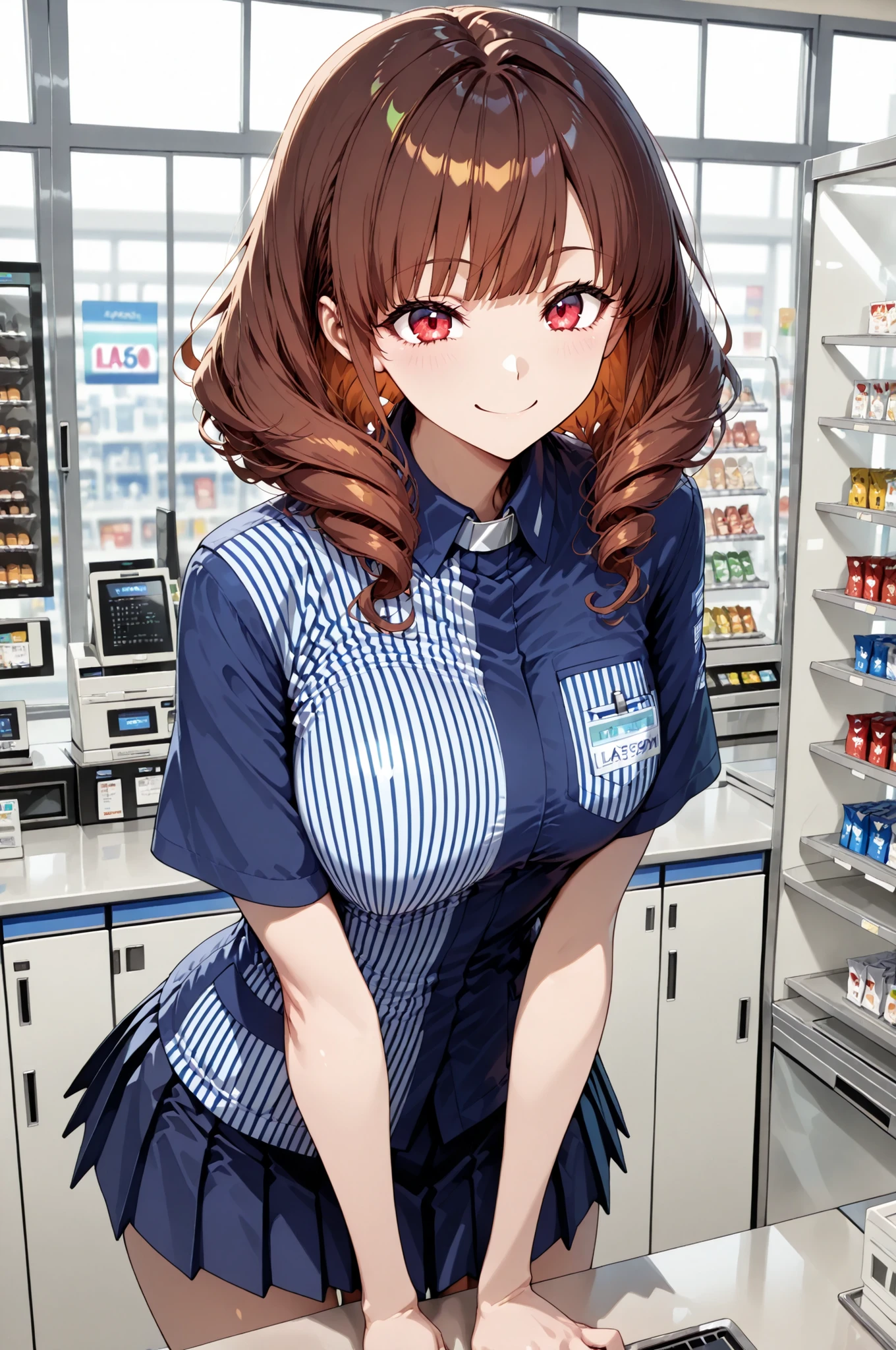1 Girl, Lawson's uniform, mini skirt, Wave Hair, brown hair, red eyes, Convenience Store:1.2, over the counter:1.4, registers, solo, ((Smile Yan)), 4 fingers:1.2, Hands in front of the body, In front of the display shelf, Pay attention to light and shadow in every detail, blurred background, (Highest Quality:1.2, 4K, 8k, Very Detailed, attention to detail, masterpiece:1.2, Ultimate aesthetics),