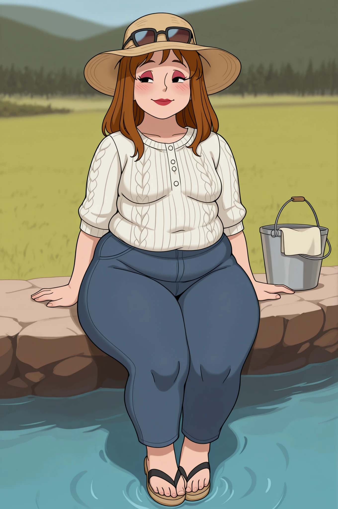 Debra, small . Pale red lipstick, brown hair,black eyes, pale red makeup, long hair, thick , chubby, overweight, mature woman. |  (halfbody, front facing, facing viewer) 1girl, blush, full face blushing, smile, coastal_grandma, (casual), print clothing, nautical stripe print, nautical etolie, linen, linen dress, caftan, (white button-down shirt), buttons, chunky knit sweater, straight-leg denim jeans, wide-leg pants, terry cloth robe, sunhat, bucket_hat, eyewear on top of head, sandals, coast backgraound background, river, sitting