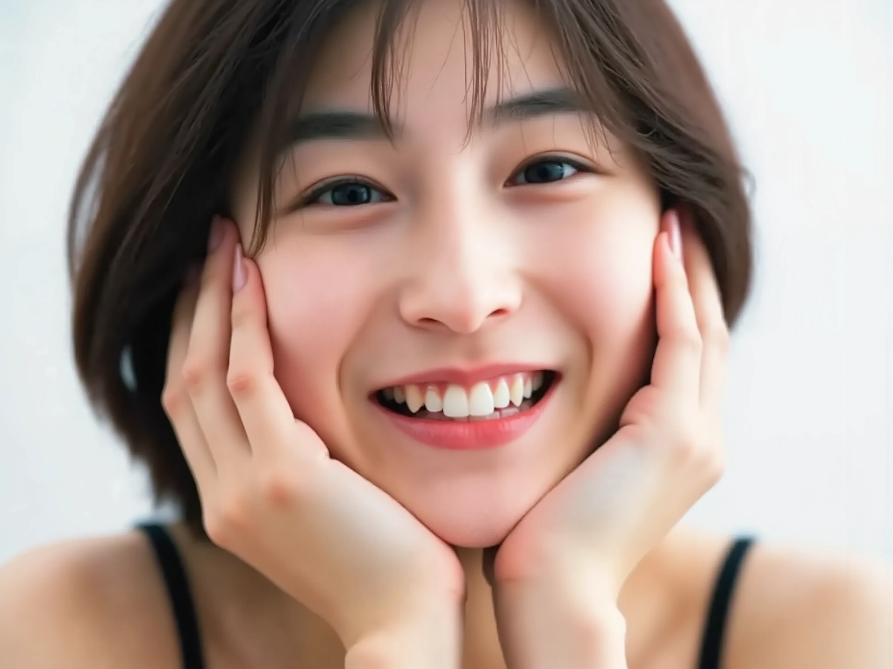 (Refined from an old photo, completely modernized and recreated in an ultra high-quality photorealistic portrait style,
modern Reiwa-era studio lighting and color grading, ultra-high resolution 8K sharpness,
realistic cinematic tone correction, beautifully balanced contrast,
natural skin tone refinement with perfect light diffusion,
removes any old-photo texture, yellow tint, sepia tone, film grain, blur, or vintage color cast,
eliminates outdated shadows, desaturation, or low contrast,
corrects old LoRA imperfections to achieve modern clarity and realism,
Ultra photorealistic close-up portrait of a beautiful 25-year-old Japanese woman,
from the collarbone up, wearing a simple thin-strapped black camisole (barely visible),
smiling brightly and joyfully, resting her cheeks softly in both hands,
looking happily toward the viewer with sparkling kind eyes,
expression full of affection, natural charm, and gentle sensuality,
soft glossy lips forming a bright, lovestruck smile,
healthy blush on cheeks with natural warmth,
clear smooth skin with detailed pores, subtle texture, fine peach fuzz,
even tone without any blemishes or moles,
natural skin depth, no over-smoothing or plastic effect,
hair with refined strands, softly flowing semi-long Reiwa-style waves,
airy see-through bangs, natural brown tone,
studio lighting with smooth shadows and radiant collarbone highlights,
pure white softly blurred background for a clean, intimate atmosphere,
no distortion, no asymmetry, no extra fingers,
realistic anatomy, perfect facial balance,
no painting-like effect, no outdated lens blur,
(masterpiece, ultra photorealistic, best quality, realistic skin texture, modern portrait photography, cinematic magazine cover lighting))