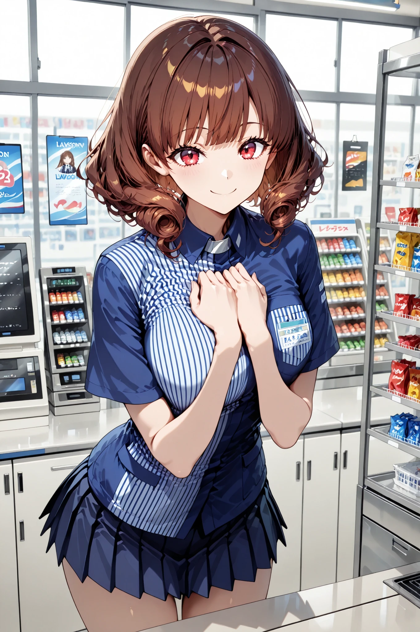 1 Girl, Lawson's uniform, mini skirt, Wave Hair, brown hair, red eyes, Convenience Store:1.2, over the counter:1.4, registers, solo, ((Smile Yan)), 4 fingers:1.2, Hands in front of chest, In front of the display shelf, Pay attention to light and shadow in every detail, blurred background, (Highest Quality:1.2, 4K, 8k, Very Detailed, attention to detail, masterpiece:1.2, Ultimate aesthetics),