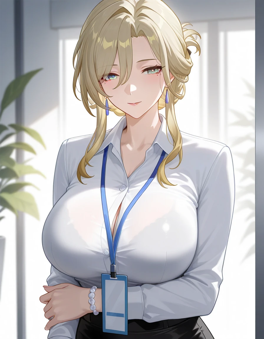 <lora:alios_arvin-000011:1>, alios_arvin, 1girl, solo, artoria pendragon \(lancer\) \(fate\), office lady, pencil skirt, white shirt, cleavage, lace-trimmed bra, arms behind back, 
skinny, mature female, light smile, looking at viewer