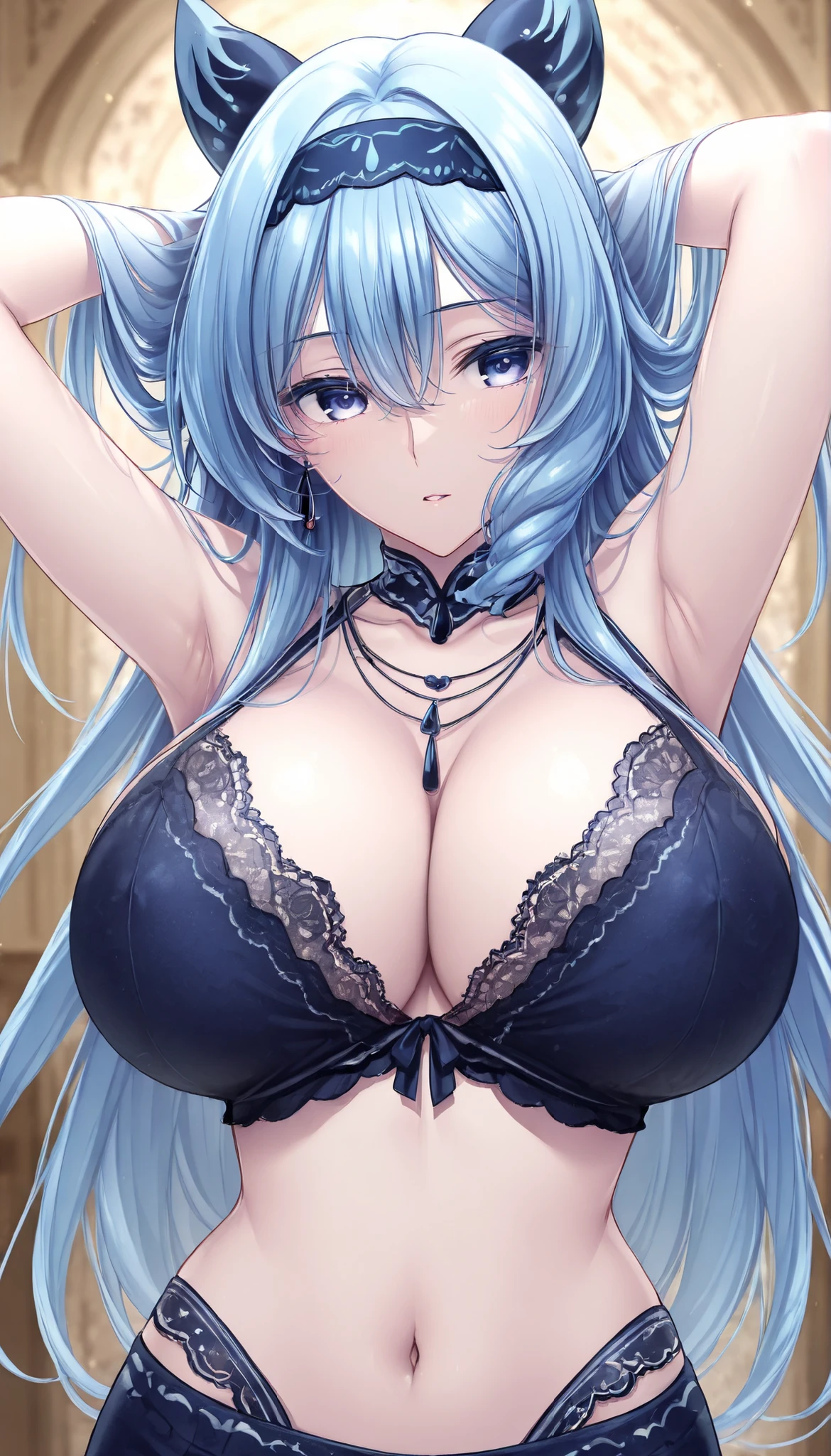 {{masterpiece}}、{{Highest Quality}}、{{Super Detailed}}、Pretty Eyes、perfect human body、(１ adult woman、solo)、pale blue hair、(The inner color is white )、(Watery eyes )、 Slim、big boobs、beautiful faces、{{very delicate and beautiful}}、high definition、、dancer style lace sexy outfit、place your hands behind your head、necklace、earrings from behind、Tall Woman、navy blue headband、(Close Range:1.2)