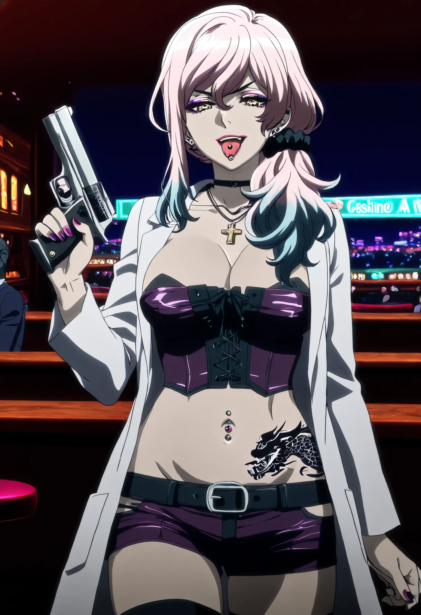 Akudama Drive（doctor）slender、doctor, long hair, bangs, hair between eyes, yellow eyes, pink hair, , makeup, lipstick, multicolored hair, gradient hair, scrunchie, blue hair,,  erotic vibe, Cinematic Lighting、 nail polish, ear piercing, long hair, , lipstick, Hot girl, baddie,, sensual, attractive ,choker , cross necklace, thighhighs, shorts, belt, labcoat, cleavage, jewelry, necklace, nail polish, corset,bar background, inside bar, indoors, cityscape, casino, nightclub, city lights,,
,belly,,holding pistol,cleavage
smile, open mouth, (nsfw) not safe for work, evil expression, belly, exposed navel, exposed
midriff, exposed lower belly,  tongue piercing ,tongue out, open mouth, navel piercing,  medium large Breasts, dragon tattoo on waist, narrowed eyes, tattoo on waist,, anipai_style , anime screencap , anime coloring,,v-shape eyebrows,,