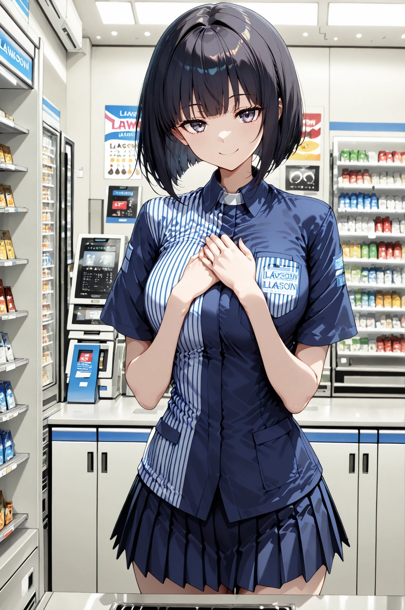 1 Girl, Lawson's uniform, mini skirt, Bob Hair, dark haired, jitome, Convenience Store:1.2, over the counter:1.4, registers, solo, ((Smile Yan)), 4 fingers:1.2, Hands in front of chest, In front of the display shelf, Pay attention to light and shadow in every detail, blurred background, (Highest Quality:1.2, 4K, 8k, Very Detailed, attention to detail, masterpiece:1.2, Ultimate aesthetics),