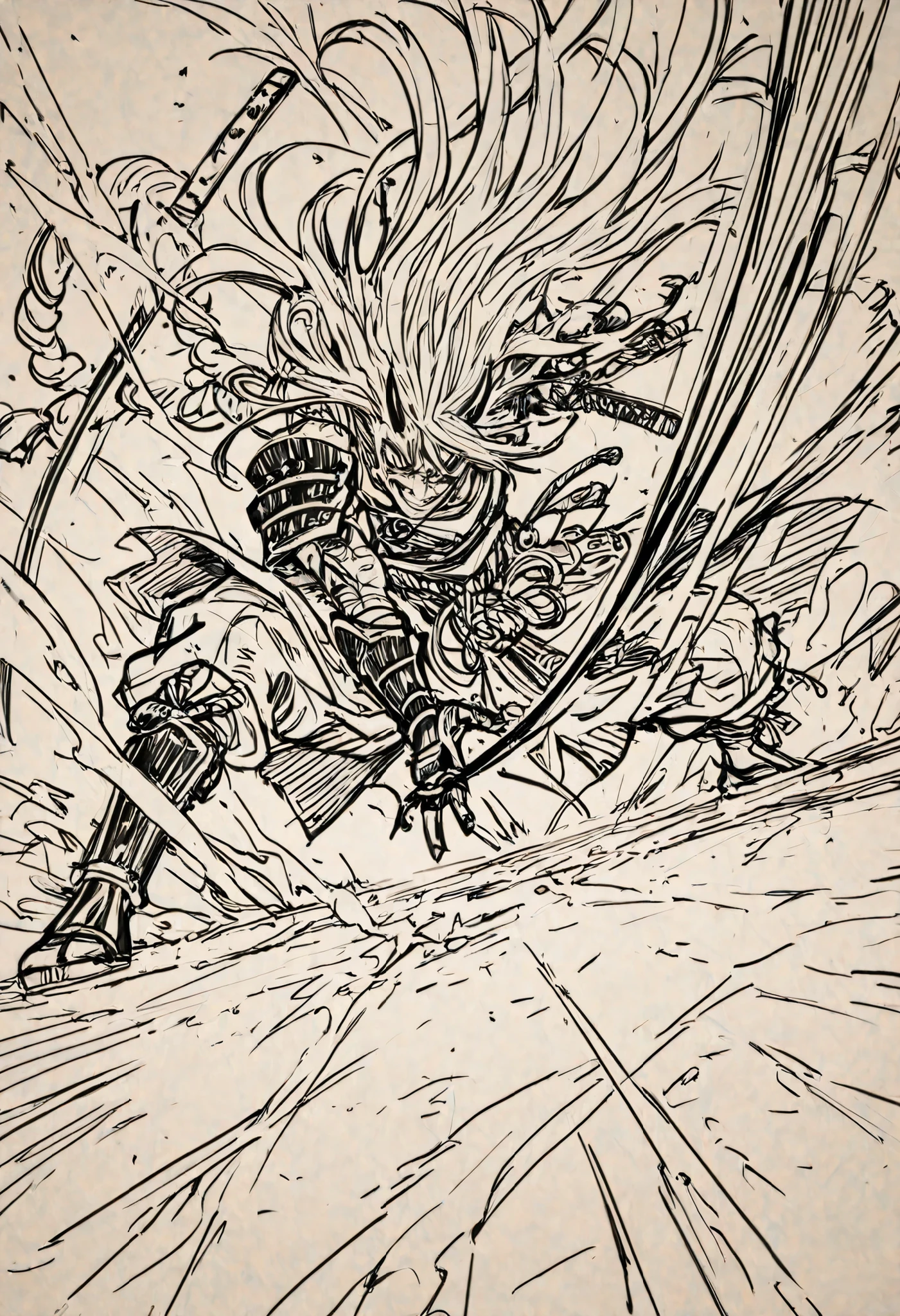 Game monster, sketch, concept art, Twisted human face with a grin and oni teeth, Floating hair, black sclerosis, Oni, kimono and feudal battle armor, Shoulder pad, Katana , long thin body, Skin white as snow, standing , shimenawa knot, warped hands, on plain white canvas, rough, thin lines, 2d, concepts art, Masterpiece, incredible quality, perspective, dynamic pose, dynamic Dutch angle,Alone , grew old, brutal, cunning