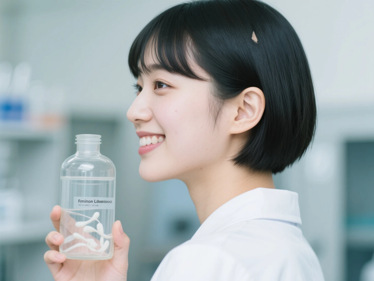 A Korean woman, clinical researcher, lab coat, short black hair, glasses, examining a large silicone sextoy, photographic style