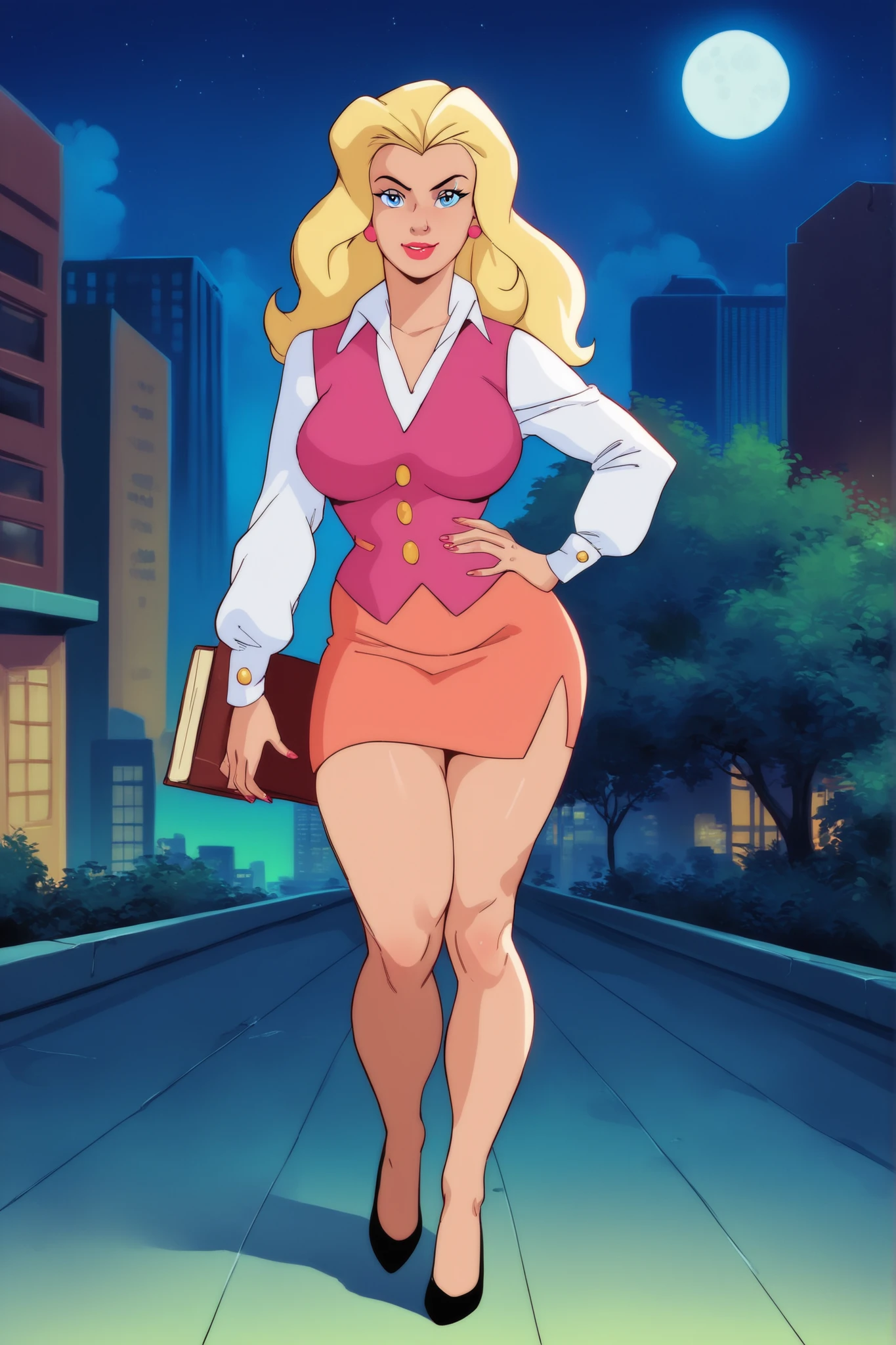 PonyXLV6_Scores BREAK (parody, retro artstyle, perfect anatomy, perfect eyes, absurd resolution,), zPDXL2, BREAK  felicia hardy, long hair, blonde hair, blue eyes, flirting, raised eyebrow, ((looking at viewer, full body view, front view)), lipstick, makeup, large breasts, large ass, athletic, busty, curvy, thick thighs, large hips, toned, jewelry, earrings, vest, long sleeves, skirt, black high heels, sexually suggestive pose, standing, hands on hip, holding book, on city rooftop, outdoors, at night, white full moon in night sky,