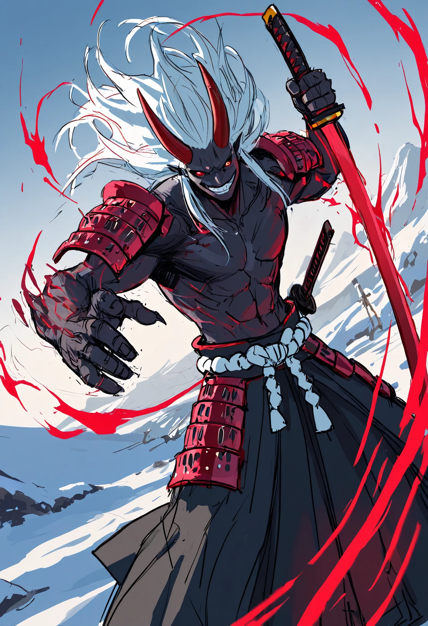 Game monster, sketch, concept art, Twisted human face with a grin and oni teeth, Floating hair, black sclerosis with red eyes, Oni, red horns, kimono and feudal battle armor,  Shoulder pad, Katana , long thin body, Skin white as snow, standing still , shimenawa knot, warped hands, One hand on his scabbard, red aura, front view , facing the camera, on plain white canvas, rough, thin lines, 2d, concepts art, Masterpiece, incredible quality, perspective, still pose, dynamic Dutch angle,Alone , grew old, brutal, cunning