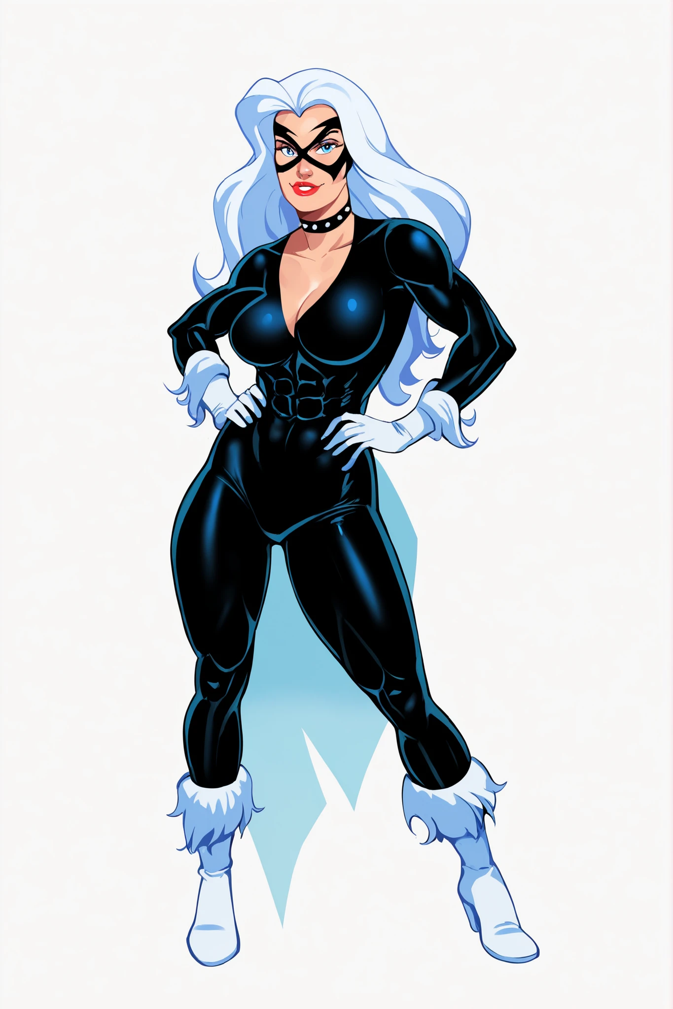 PonyXLV6_Scores BREAK (parody, retro artstyle, perfect anatomy, perfect eyes, absurd resolution), zPDXL2, BREAK  felicia hardy, long hair, whitee hair, blue eyes, flirting, raised eyebrow, looking at viewer, full body view, front view, lipstick, makeup, large breasts, large ass, athletic, toned, abs, mask, domino mask, bodysuit, gloves, boots, busty, curvy, thick thighs, large hips, boots, sexually suggestive pose, standing, hands on hip, white background