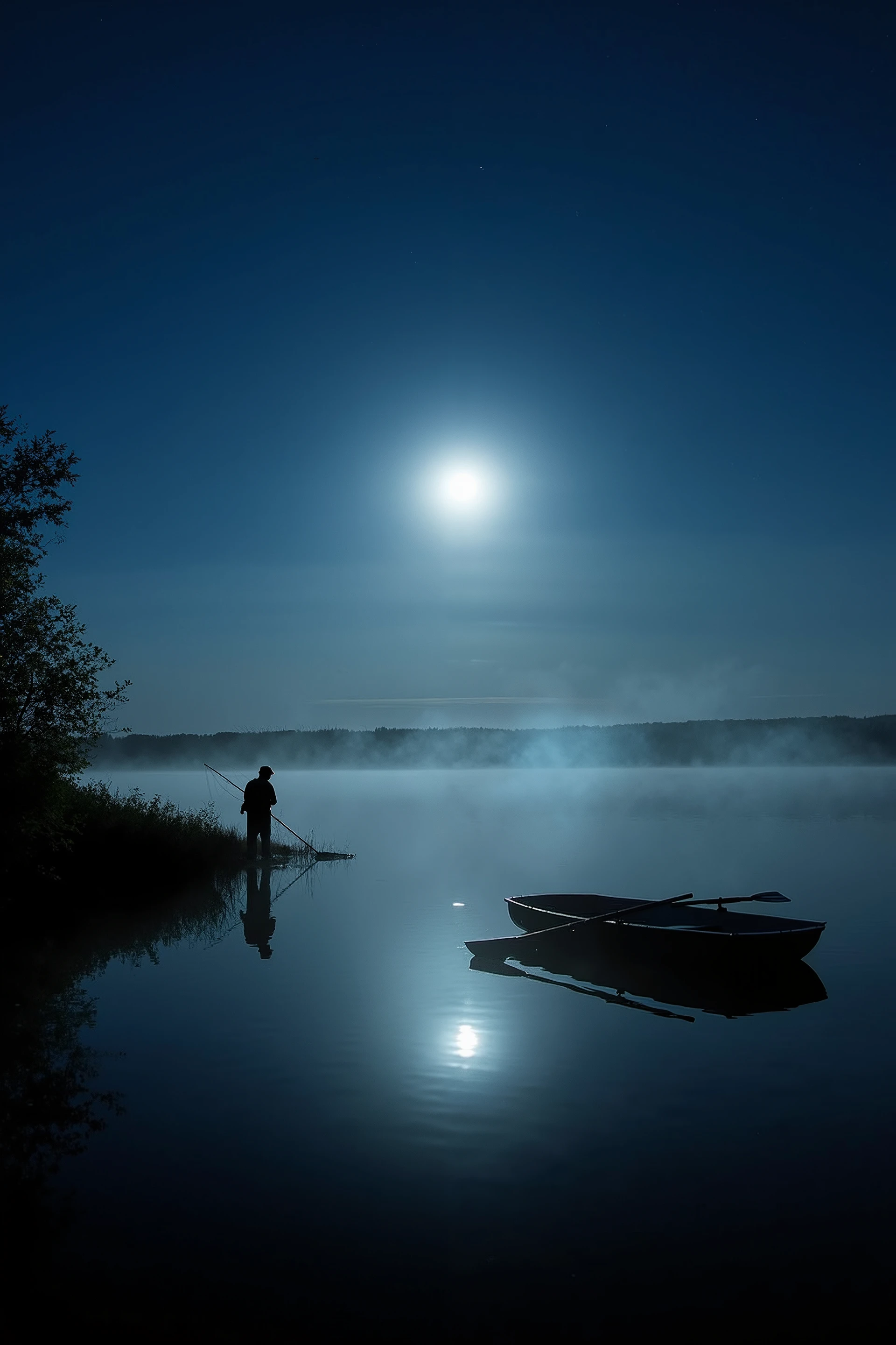"Lakeside Under Moonlight." A serene nocturnal scene at a tranquil lake, illuminated by the soft glow of the full moon casting ethereal shadows on the water. Intriguing elements include a lone figure in silhouette, perhaps a fisherman or a dreamer, standing at the water's edge. Wisps of fog gently rise from the lake's surface, adding a touch of mystery. In the distance, a small rowboat floats aimlessly, its oars left idle. The atmosphere is peaceful yet charged with potential, inviting whispers of secret meetings, ghostly apparitions, or the simple beauty of nature unfolding under the watchful eye of the moon. High-resolution, cinematic photography style, wide-angle shot capturing the expansive view.