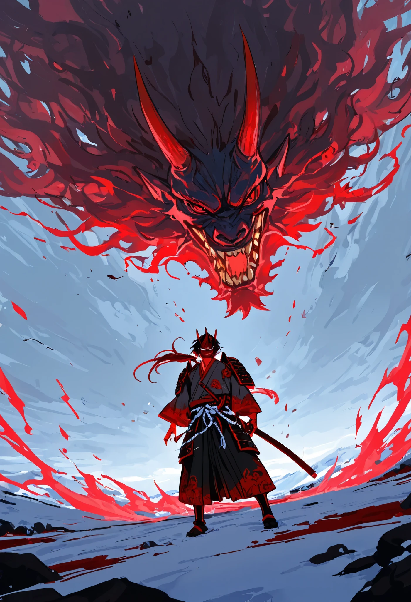Game monster, sketch, concept art, Twisted human face with a grin and oni teeth, Floating hair, black sclerosis with red eyes, Oni, red horns, kimono and feudal battle armor, Shoulder pad, Katana , long thin body, Skin white as snow, standing still , shimenawa knot, warped hands, One hand on his scabbard, red aura, front view , facing the camera, on plain white canvas, rough, thin lines, 2d, concepts art, Masterpiece, incredible quality, perspective, still pose, dynamic Dutch angle,Alone , grew old, brutal, cunning