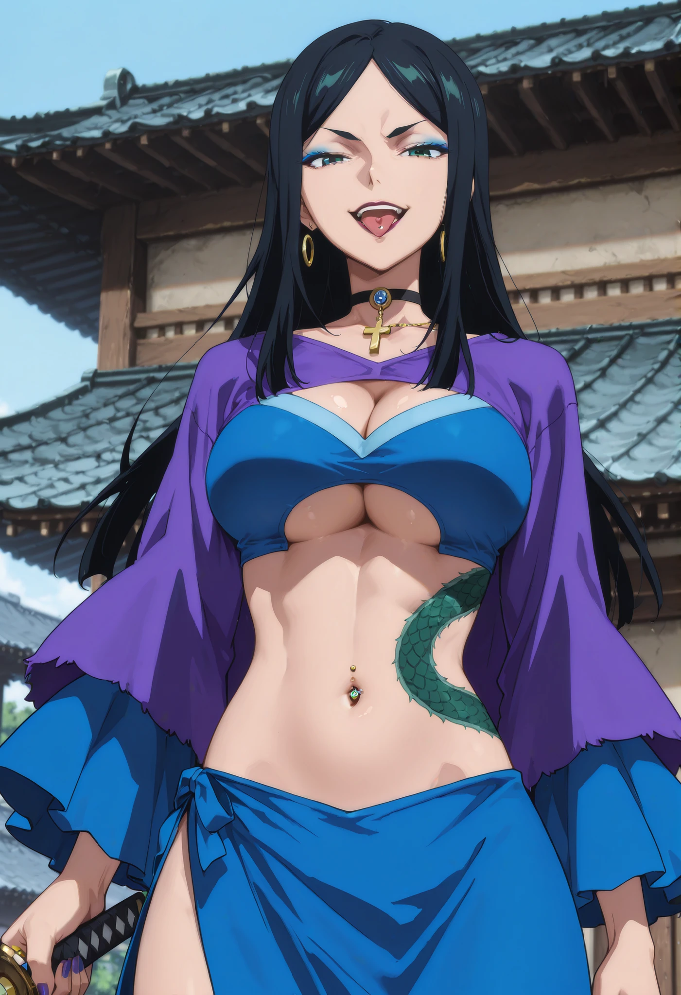 m1n1eb,1girl,solo,black hair,long hair,,blue eyeshadow,dark green eyes,lipstick,
nail polish , , makeup , ear piercing , long hair , lipstick , Hot girl , baddie , smoking , sensual , attractive , choker , cross necklace , tongue piercing ,tongue out, open mouth, jewelry, outdoor, japanese architecture, temple, kimono, purple shawl, wide sleeves, , serious, looking at viewer, slim belly, east asian architecture,,holding sword, , mature female, masterpiece,high quality,4k,belly,,,cleavage, ,, smile, open mouth, () , evil expression,belly, exposed navel, exposed midriff, cleavage cutout, , exposed lower belly,,,navel piercing , underboob , side slit, , medium , dragon tattoo on waist, narrowed eyes, tattoo on waist,, anipai_style , anime screencap , anime coloring,,v-shape eyebrows
