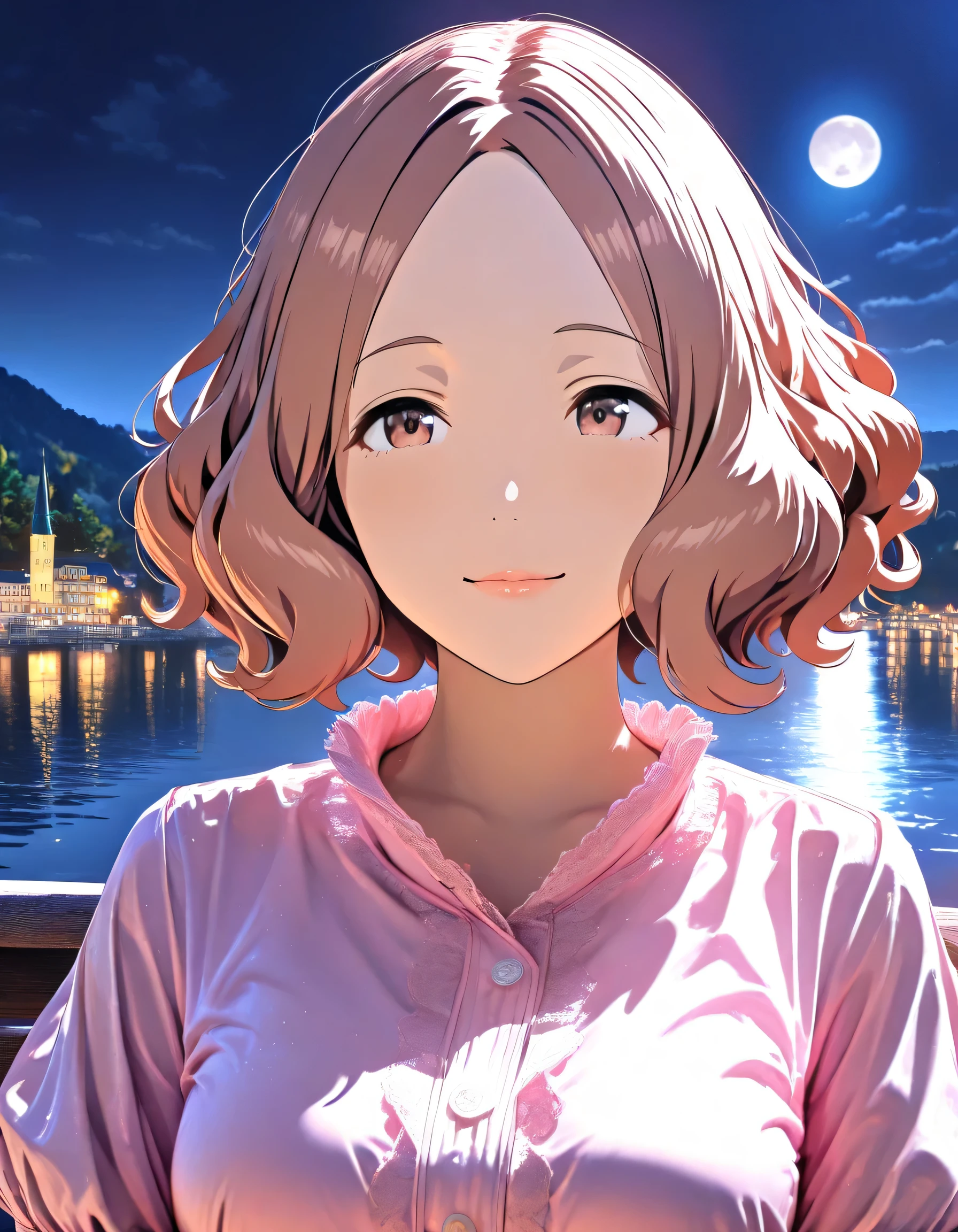 1girl, okumura haru, umamusume, Reflected, Lake Geneva, night, moon, breathtaking scenery, shirt, brown eyes, 16k, Ultra detailed, (realistic, photorealistic : 0.8), masterpiece, high score, great score, absurdres