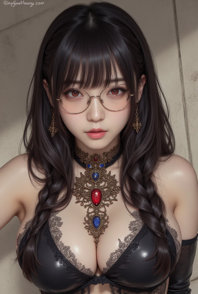 OKですか、(best illustrations)、8k UHD resolution、intricate details、highest quality、realistic、Super detailed、best writing、best shadow、soft lighting、ultra hd、Super realistic、Tyndall effect、Photoreal、(high detail skin:1.2)、 (intricate details, compensate, face to face with the children_V1:0.5), (Beautiful and delicate face in every detail, OK, beautiful and delicate eyes, perfectly proportioned face, high resolution skins, fine skin, Optimal ratio of 4 fingers and 1 thumb, arm under , red tattoo on lower abdomen、wonderful、wonderful, wide , smooth abdomen, thin and thin skin, __fashion__, __hair__:1.25)、Digital single-lens reflex camera、 absurd、1 Beautiful devil woman from hell, デヴィッド・ホックニーとアルフォンス・ミュシャによる超realistic女性のポートレート, Portrait of a  woman、fantasy art, Chinese humanoid robot、chinese actress、dungeon、dragon、devil'palace of、devil' chamber、night、dark style 、in the dark、(detailed spooky background:0.8), magic、 1 girl、evil nun、dark necromancer、Succubus、devil'Daughter of、Umi Shinonome、bat wings，(((devil'Horn)))、 ((((giant glasses, otaku glasses, thick glasses, round glasses)))),(((big breasts)))、(devil'Tail)、(red eyes shine:1.6)、red eyesには、Very clear and detailed makeup, Your eyes are made up so beautifully, ((red eyes:1.0)),intricate tattoo, demonic intricate tattoo, thigh tattoo, body tattoo, masterpiece、the most beautiful face、baby face、cute smile、seductive bodyとふっくらとした美しい赤い唇、devil' body、devil style、enchanting black magic costume、(((光沢のある赤い蛇が彼女body ofに巻き付いています)))、The long-haired、Braid、Black hair、Ponytail distortion、, Ponytail with a bow tied at the back of the hair, beautiful expression、body up、big  emphasis、bust,  super tight ,  augmentation surgery,  are very big and round,tight waist、wide 、 private key, cowboy lens, (red phoenix dress: 1.0),  devil'Crown of,  Red Gemstone Necklace、Jewelry Gwise,  wearing black mesh socks,wearing a thin red and black robe, Pull the straps with your hands to reveal your  , Close-up of the main character, nffsw, nffsw, Meeting beautiful girls, look at the girl'body of,