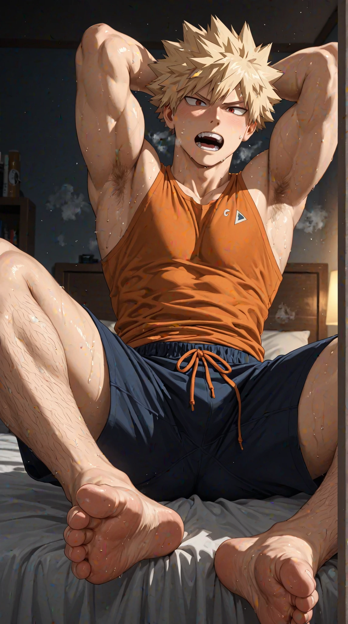 (masterpiece, best quality), 1boy，younge boy，Kid's face，Lying in the grass，adolable，infancy，Young age，Short round face，Flat chin，Pink briefs，musculous, pink short hair, Dark gray eyes, 复杂, full bodyesbian,nakeness， Pink briefs,Pectoralis abdominal muscles，vivd colour,(depth of fields:1.2),(abs),looking at viewert，Lying in the grass，spread their legs