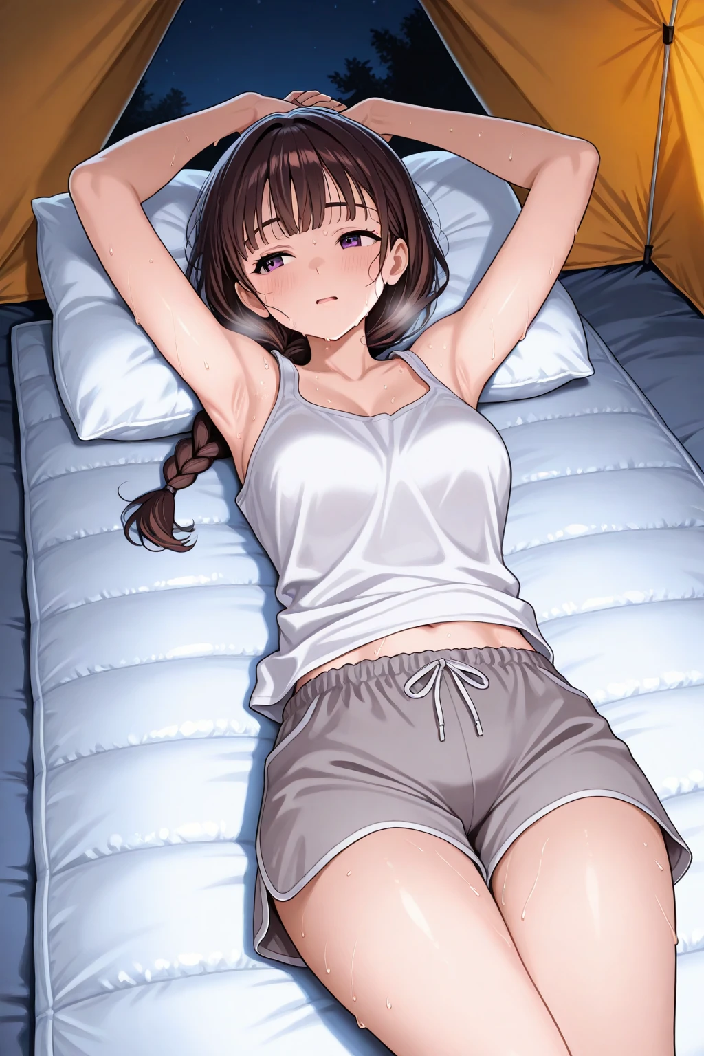 Changing clothes, white tank top, shoulder visible, hands raised, Japanese-style room, inn, on futon, athletics, beautiful girl, short hair, transparent white skin, brown hair, small ???????, beautiful legs, belly button exposed, expression of resistance, lying on the back, composition viewed from directly above 