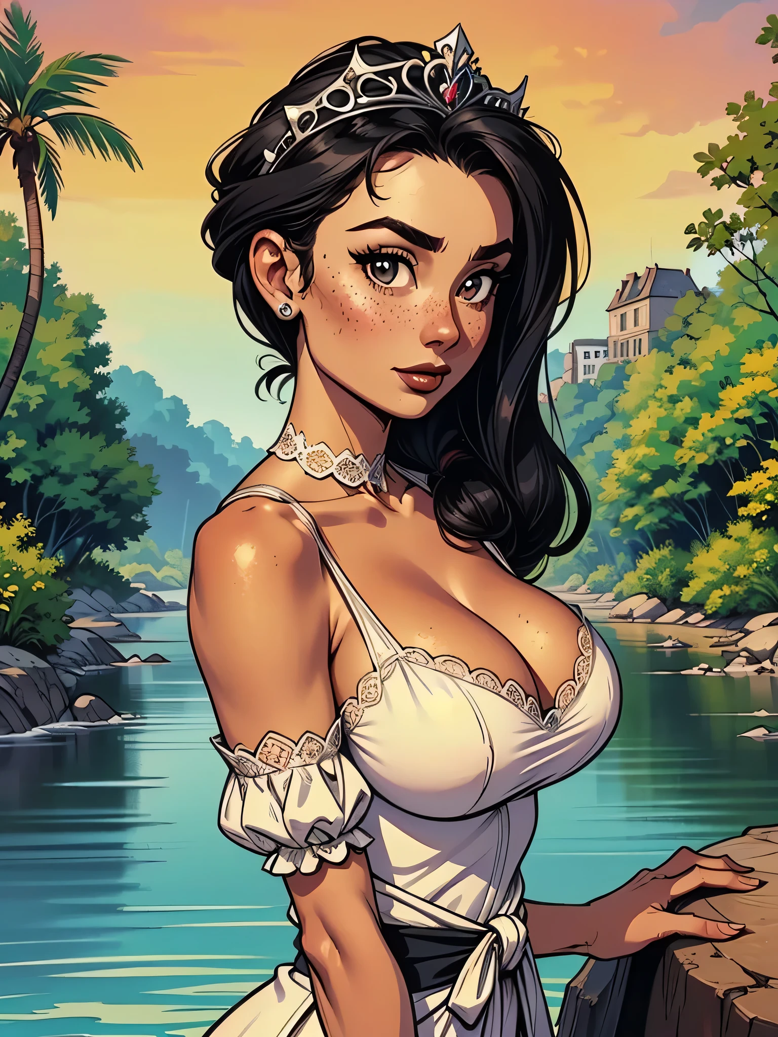 melhor qualidade, Obra de arte, (realista: 1.2), Close-up of a thin woman, busty and athletic , 25 anos, 16k (( ultra fino )), semblante pensativo, rosto expressivo, olhar sedutor (( looking at the viewer )), olhos castanhos, She is wearing a royal silver dress (( V-neck with lace, renda chantilly, short puffy sleeves and tiara )), cintura fina, usa um cinto preto, (( arms extended at the sides of her body )), pele morena, (( long black hair, up to the waist )), She's alone in a jungle (( upper body, From waist to head, side view 1 .4 )), with freckles on her neck and breasts, (( large, round breasts 1.4 )), (( Well defined collarbone )). estilo cartoon (( QG )), forest with river in the background.