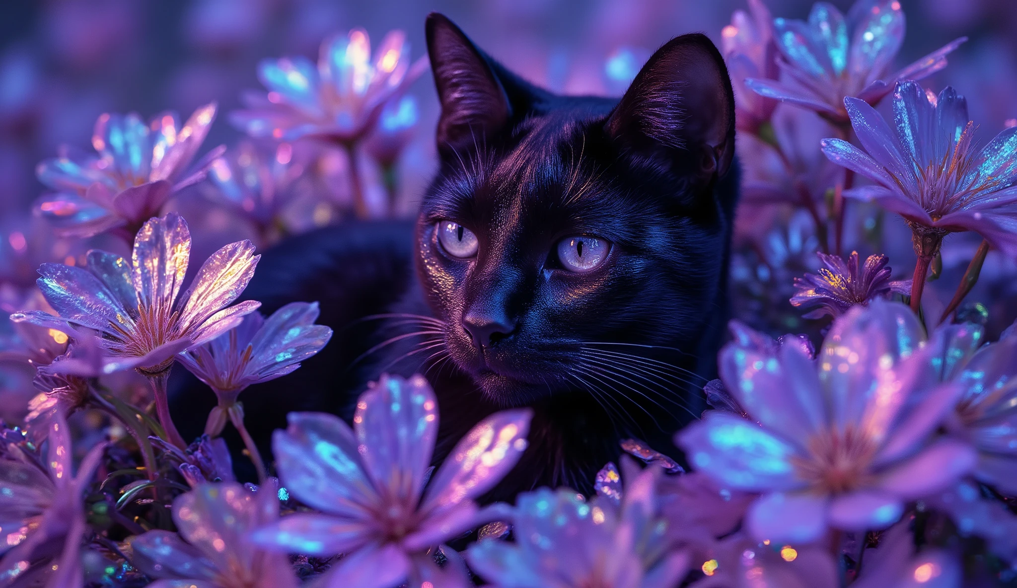 Semi realistic black cat, glowing flowers, artistic, cinematic, masterpiece, whimsical, dreamy, close up, iridescence colors
