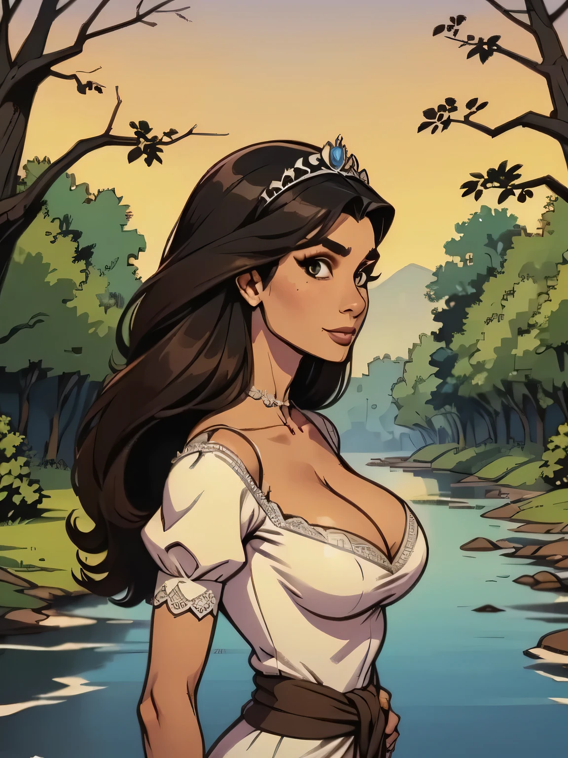 melhor qualidade, Obra de arte, (realista: 1.2), Close-up of a thin woman, busty and athletic , 25 anos, 16k (( ultra fino )), sorriso lindo, rosto expressivo, olhar sedutor (( looking at the viewer )), olhos castanhos, She is wearing a royal silver dress (( V-neck with lace, renda chantilly, short puffy sleeves and tiara )), cintura fina, usa um cinto preto, (( arms extended at the sides of her body )), pele morena, (( long black hair, up to the waist )), She's alone in a jungle (( upper body, From waist to head, side view 1 .4 )), with freckles on her neck and , (( large, round 1.4 )), (( Well defined collarbone )). estilo cartoon (( QG )), forest with river in the background.